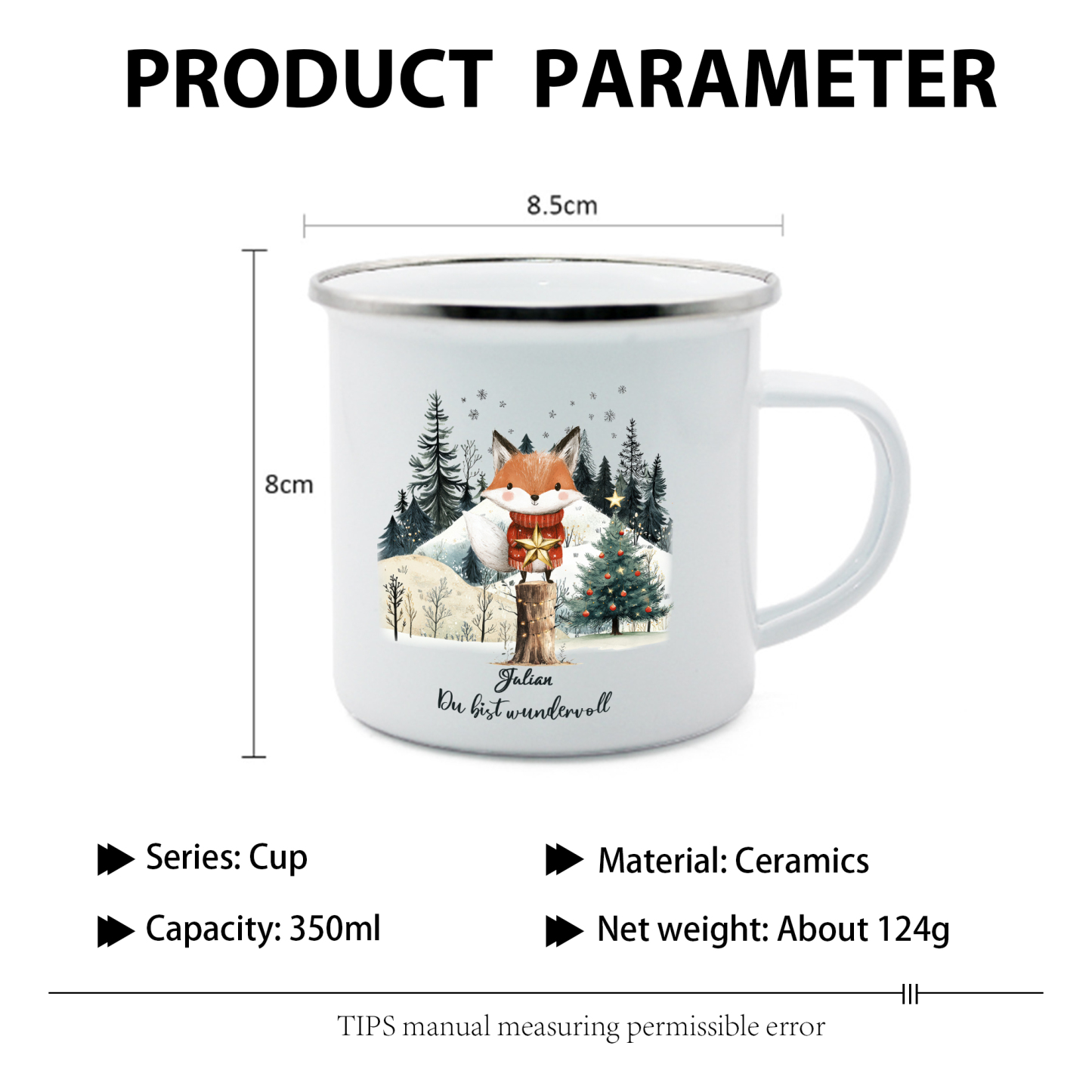 Personalisierter 1 Name Emaille-Tasse mit Fuch & Stern & Weihnachtsbaum – Du bist wundervoll – Weihnachtsgeschenk für Kinder