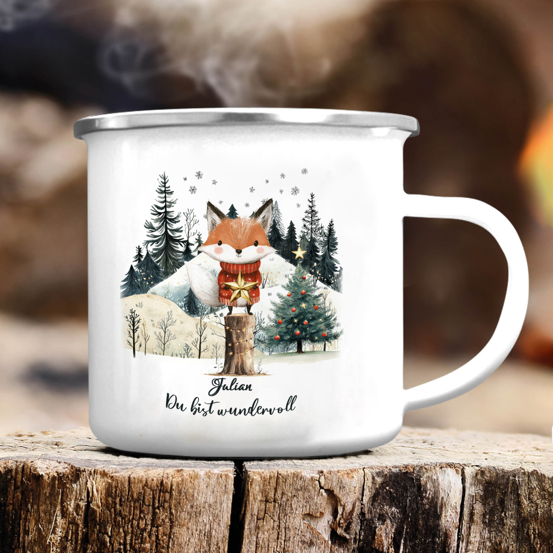 Personalisierter 1 Name Emaille-Tasse mit Fuch & Stern & Weihnachtsbaum – Du bist wundervoll – Weihnachtsgeschenk für Kinder