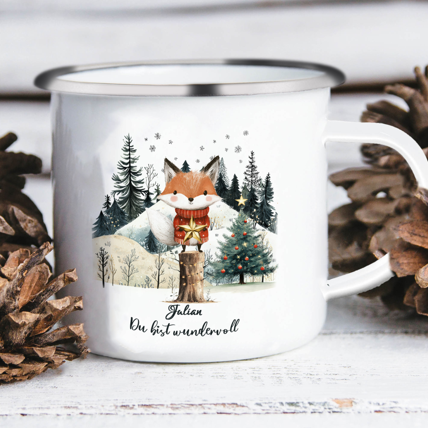 Personalisierter 1 Name Emaille-Tasse mit Fuch & Stern & Weihnachtsbaum – Du bist wundervoll – Weihnachtsgeschenk für Kinder