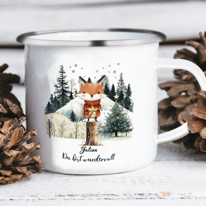 Personalisierter 1 Name Emaille-Tasse mit Fuch & Stern & Weihnachtsbaum – Du bist wundervoll – Weihnachtsgeschenk für Kinder