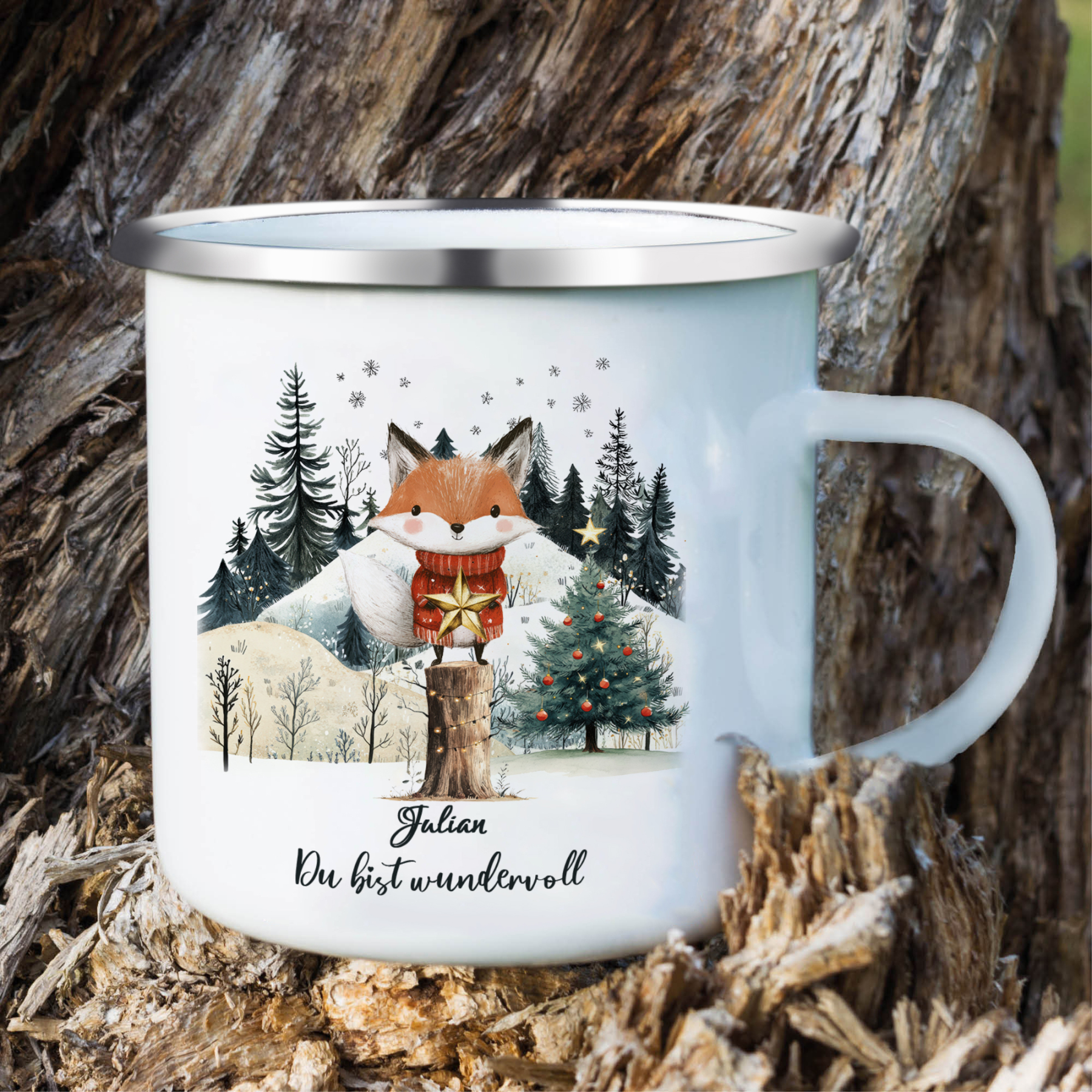 Personalisierter 1 Name Emaille-Tasse mit Fuch & Stern & Weihnachtsbaum – Du bist wundervoll – Weihnachtsgeschenk für Kinder