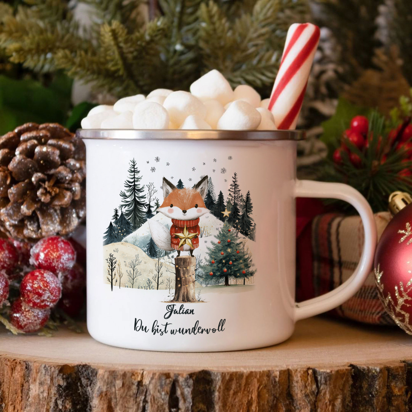 Personalisierter 1 Name Emaille-Tasse mit Fuch & Stern & Weihnachtsbaum – Du bist wundervoll – Weihnachtsgeschenk für Kinder