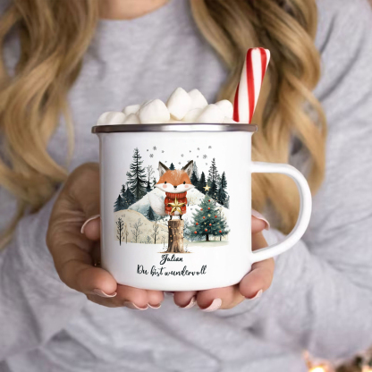 Personalisierter 1 Name Emaille-Tasse mit Fuch & Stern & Weihnachtsbaum – Du bist wundervoll – Weihnachtsgeschenk für Kinder