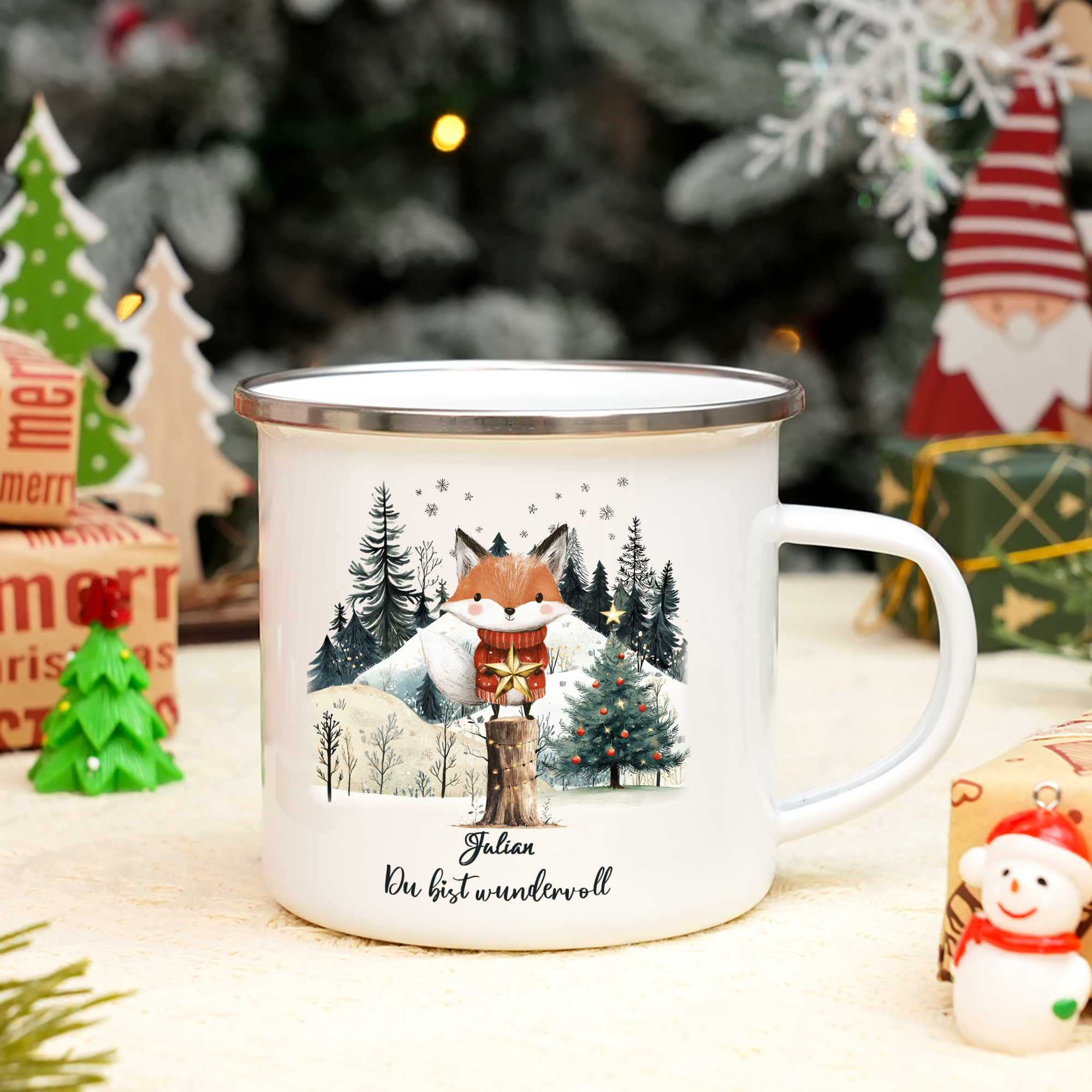 Personalisierter 1 Name Emaille-Tasse mit Fuch & Stern & Weihnachtsbaum – Du bist wundervoll – Weihnachtsgeschenk für Kinder