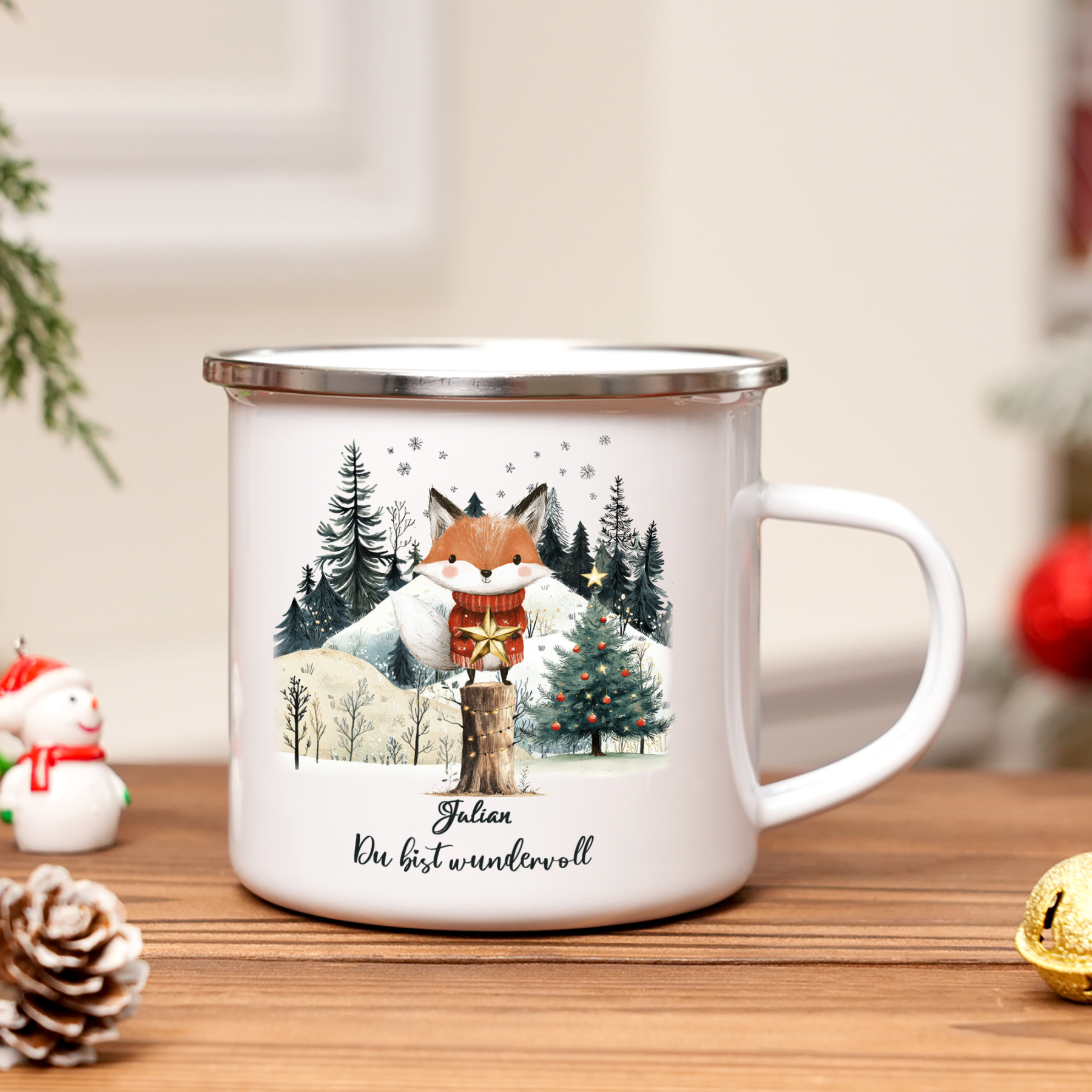 Personalisierter 1 Name Emaille-Tasse mit Fuch & Stern & Weihnachtsbaum – Du bist wundervoll – Weihnachtsgeschenk für Kinder