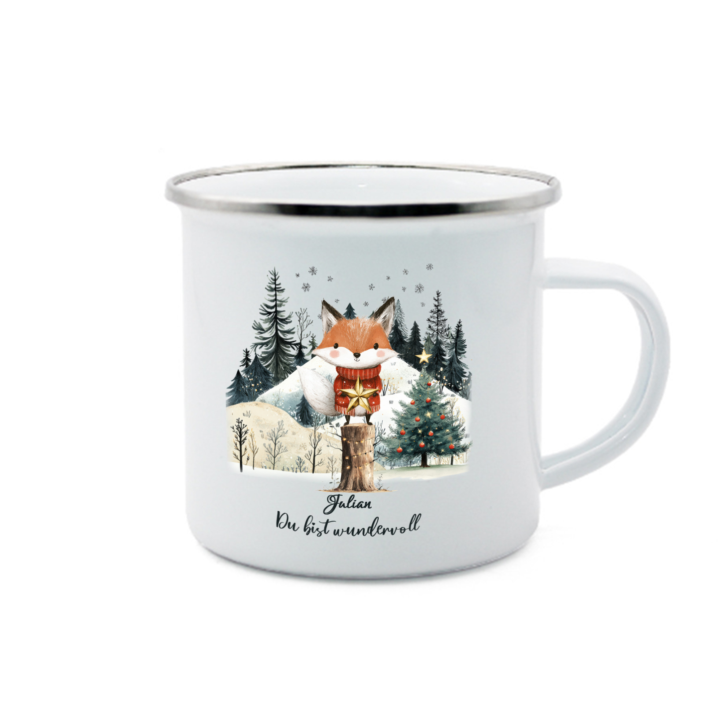 Personalisierter 1 Name Emaille-Tasse mit Fuch & Stern & Weihnachtsbaum – Du bist wundervoll – Weihnachtsgeschenk für Kinder