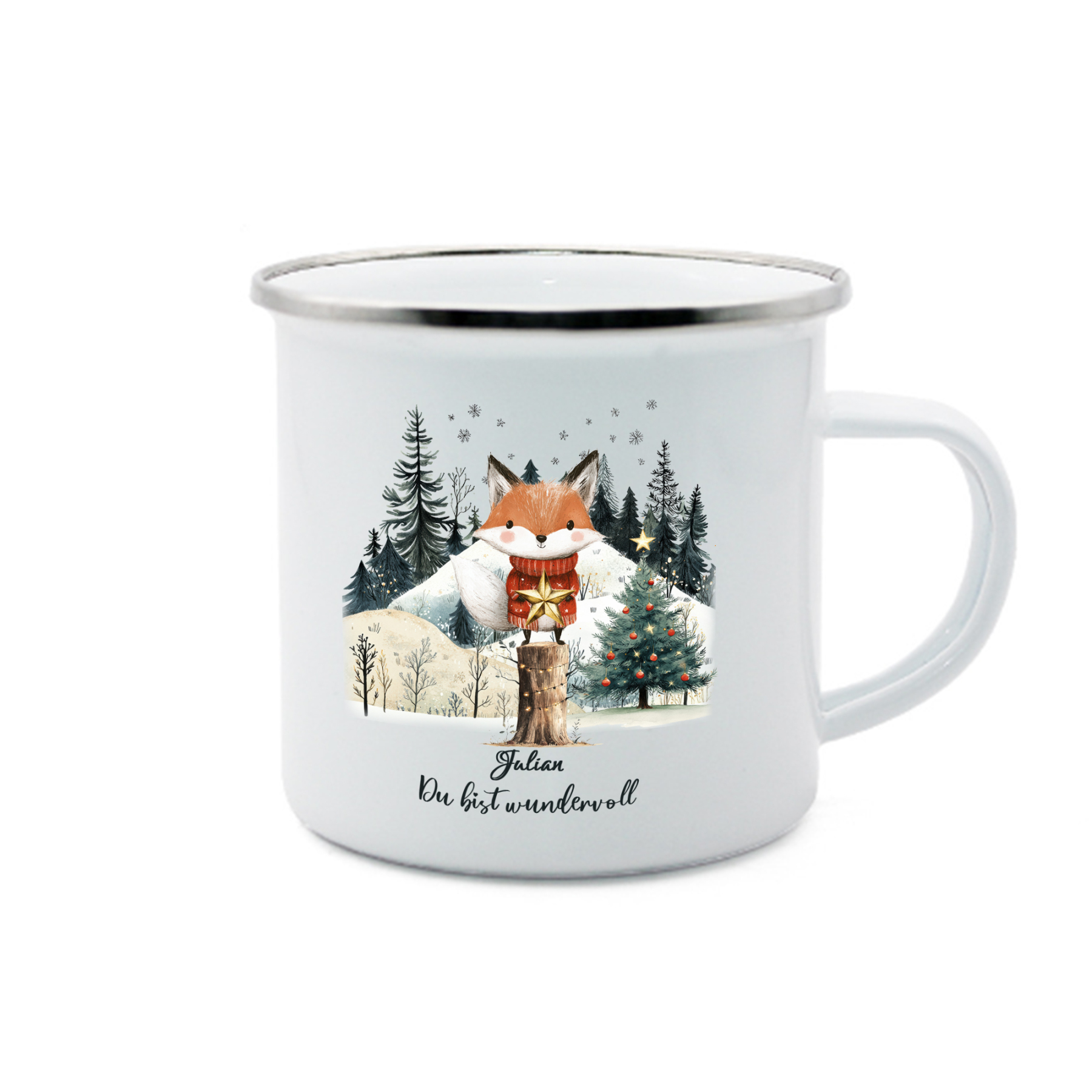 Personalisierter 1 Name Emaille-Tasse mit Fuch & Stern & Weihnachtsbaum – Du bist wundervoll – Weihnachtsgeschenk für Kinder