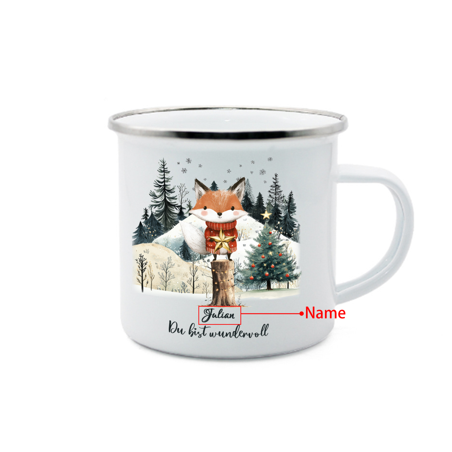 Personalisierter 1 Name Emaille-Tasse mit Fuch & Stern & Weihnachtsbaum – Du bist wundervoll – Weihnachtsgeschenk für Kinder