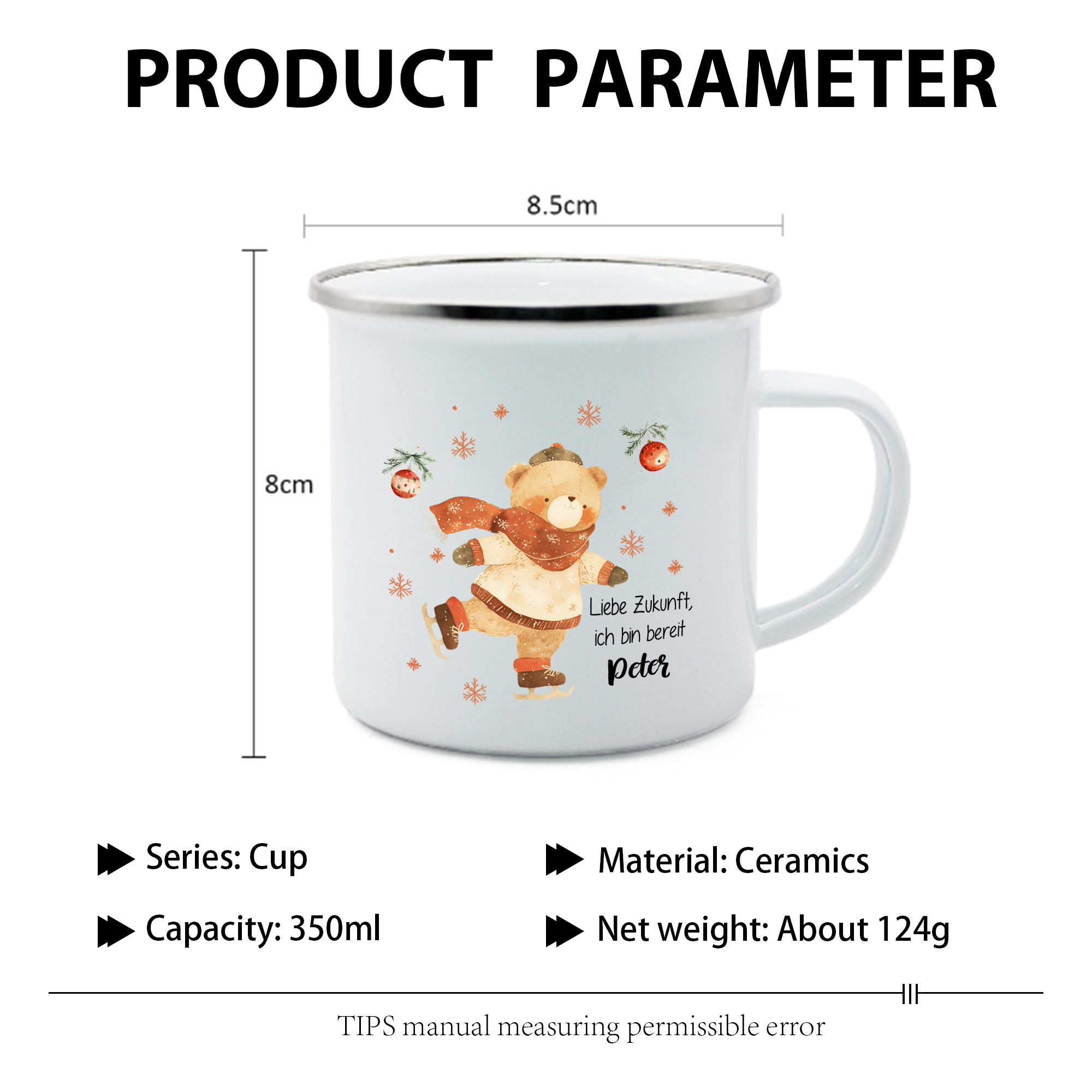 Personalisierter 1 Name Weihnachts-Emaille-Tasse mit Eislaufbär – Liebe Zukunft, ich bin bereit – Weihnachtsgeschenk für Kinder