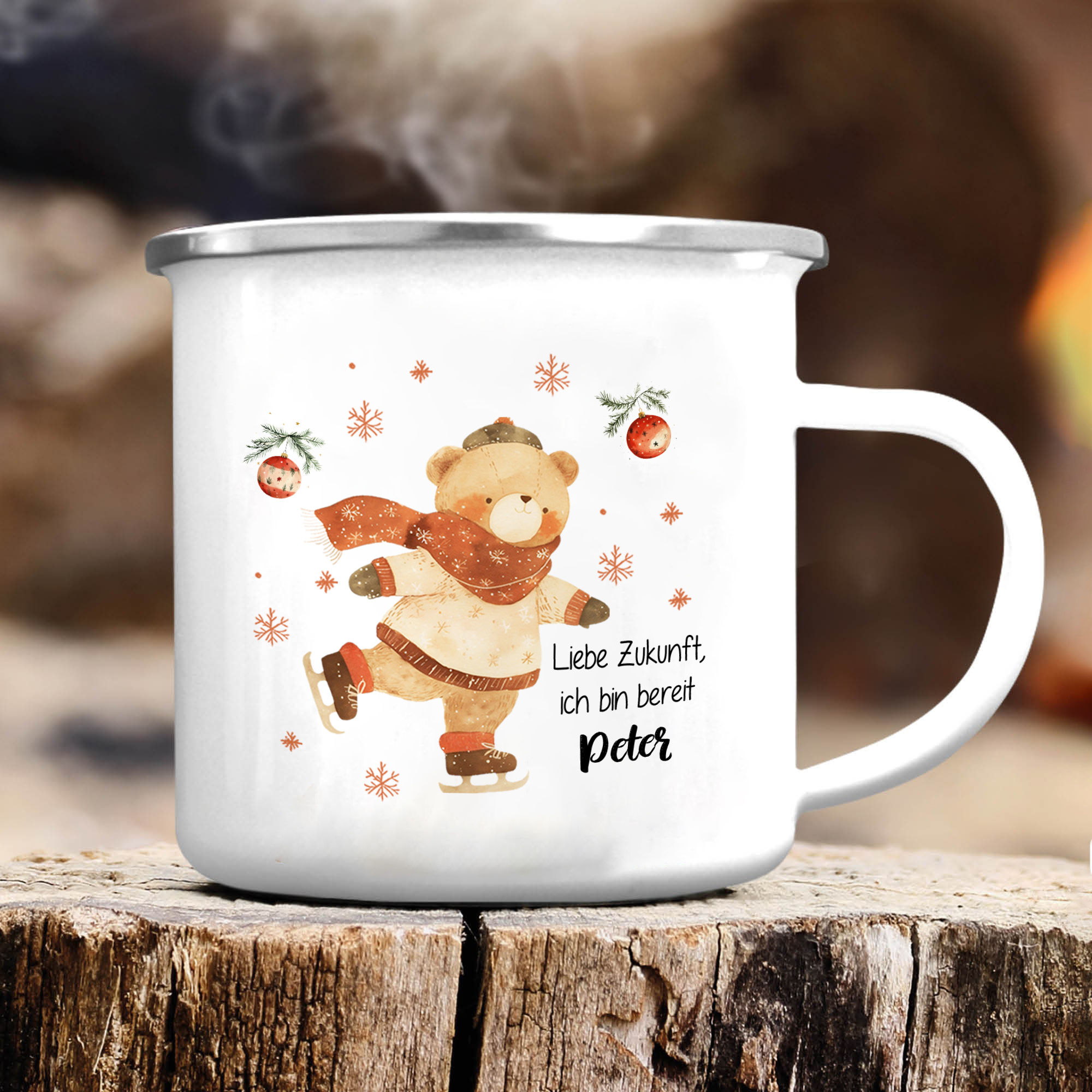 Personalisierter 1 Name Weihnachts-Emaille-Tasse mit Eislaufbär – Liebe Zukunft, ich bin bereit – Weihnachtsgeschenk für Kinder