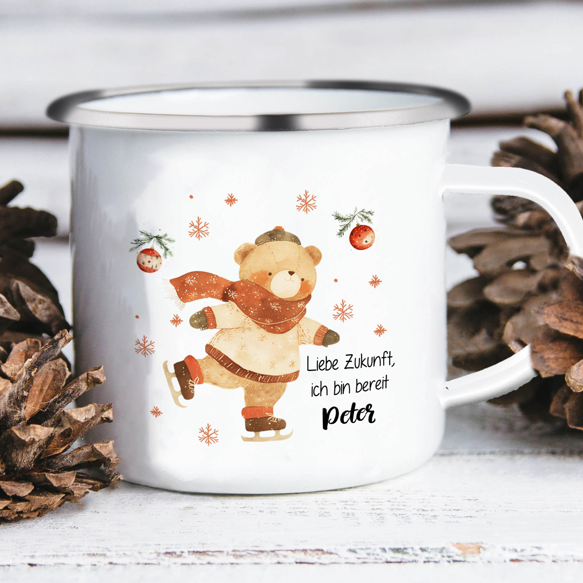 Personalisierter 1 Name Weihnachts-Emaille-Tasse mit Eislaufbär – Liebe Zukunft, ich bin bereit – Weihnachtsgeschenk für Kinder