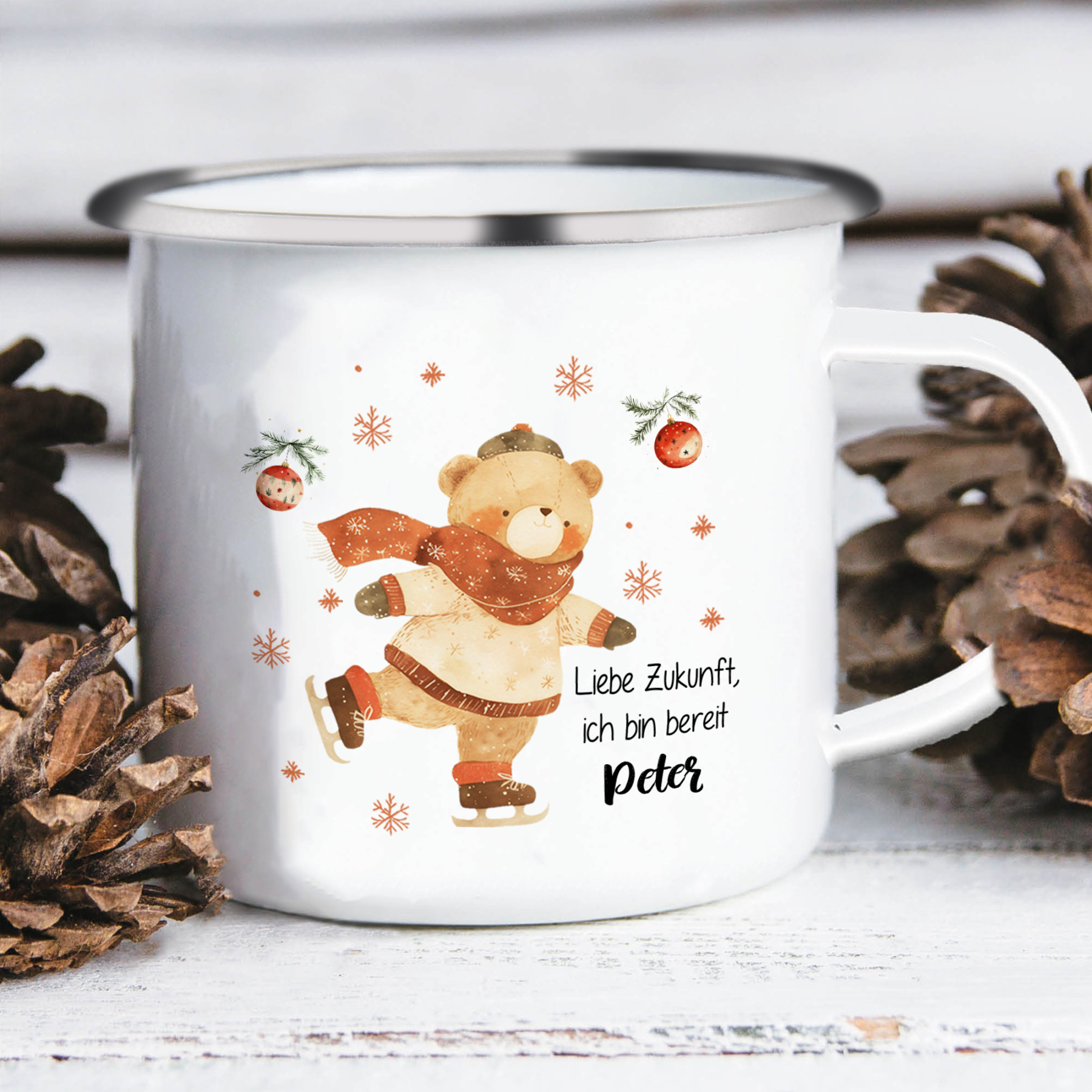 Personalisierter 1 Name Weihnachts-Emaille-Tasse mit Eislaufbär – Liebe Zukunft, ich bin bereit – Weihnachtsgeschenk für Kinder