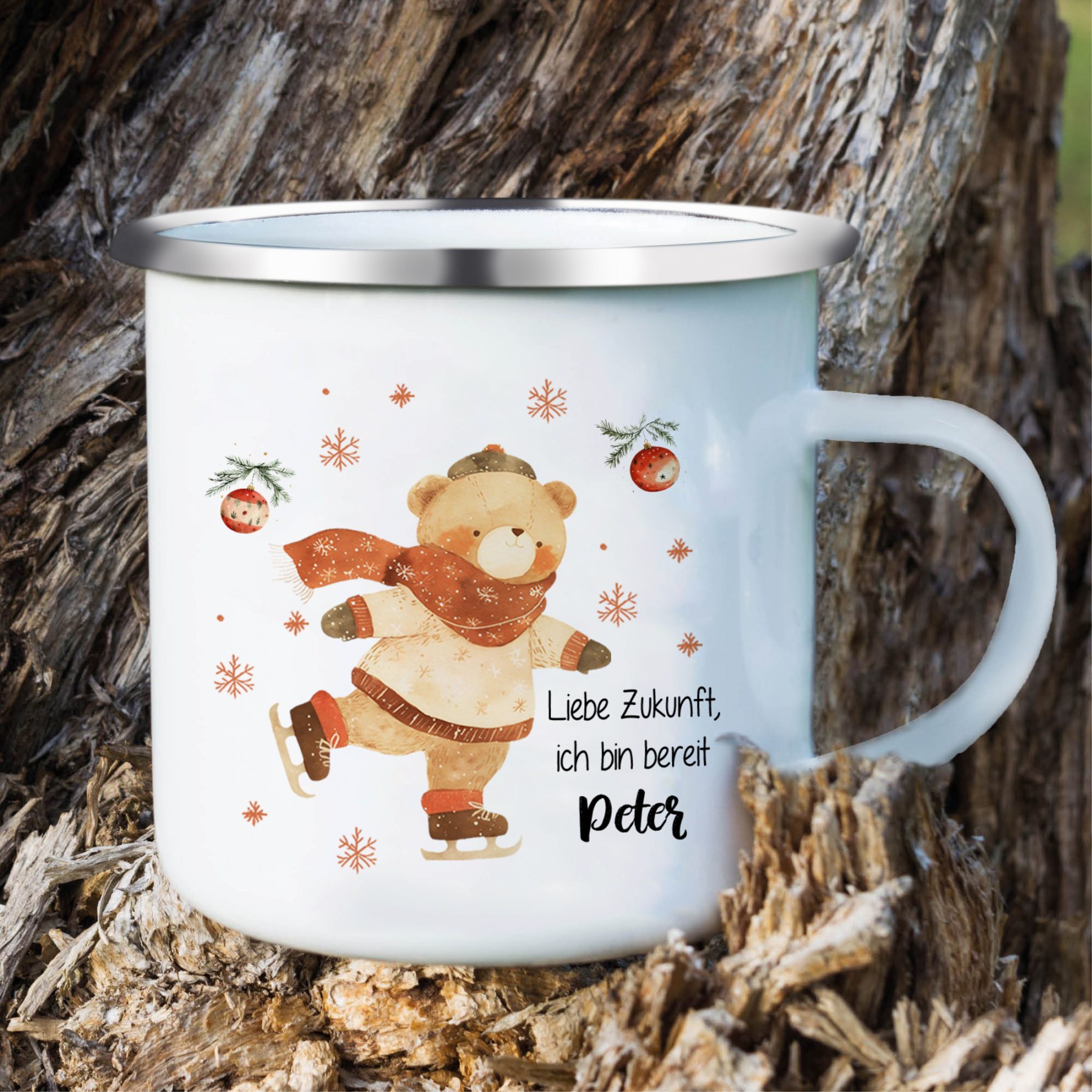 Personalisierter 1 Name Weihnachts-Emaille-Tasse mit Eislaufbär – Liebe Zukunft, ich bin bereit – Weihnachtsgeschenk für Kinder