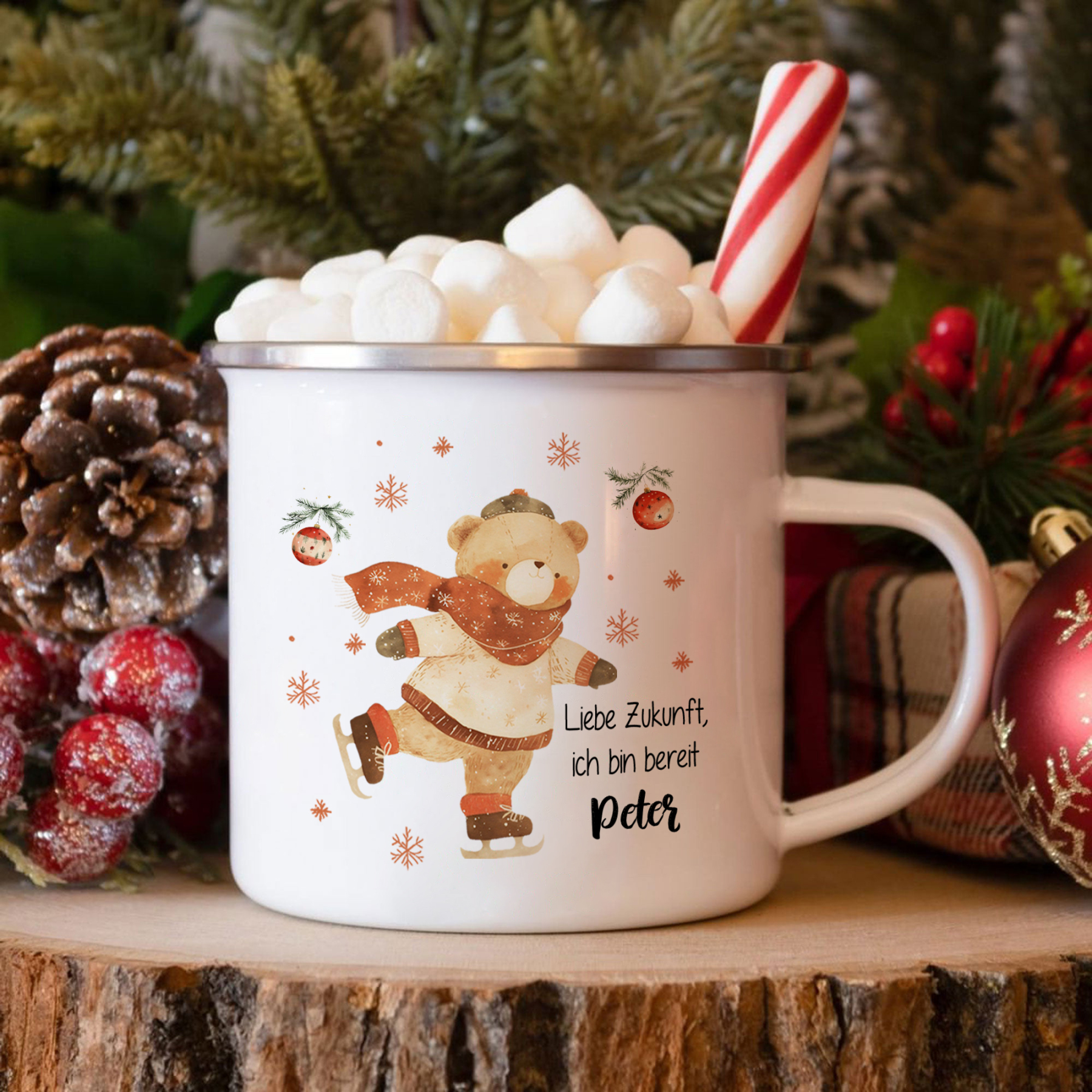 Personalisierter 1 Name Weihnachts-Emaille-Tasse mit Eislaufbär – Liebe Zukunft, ich bin bereit – Weihnachtsgeschenk für Kinder