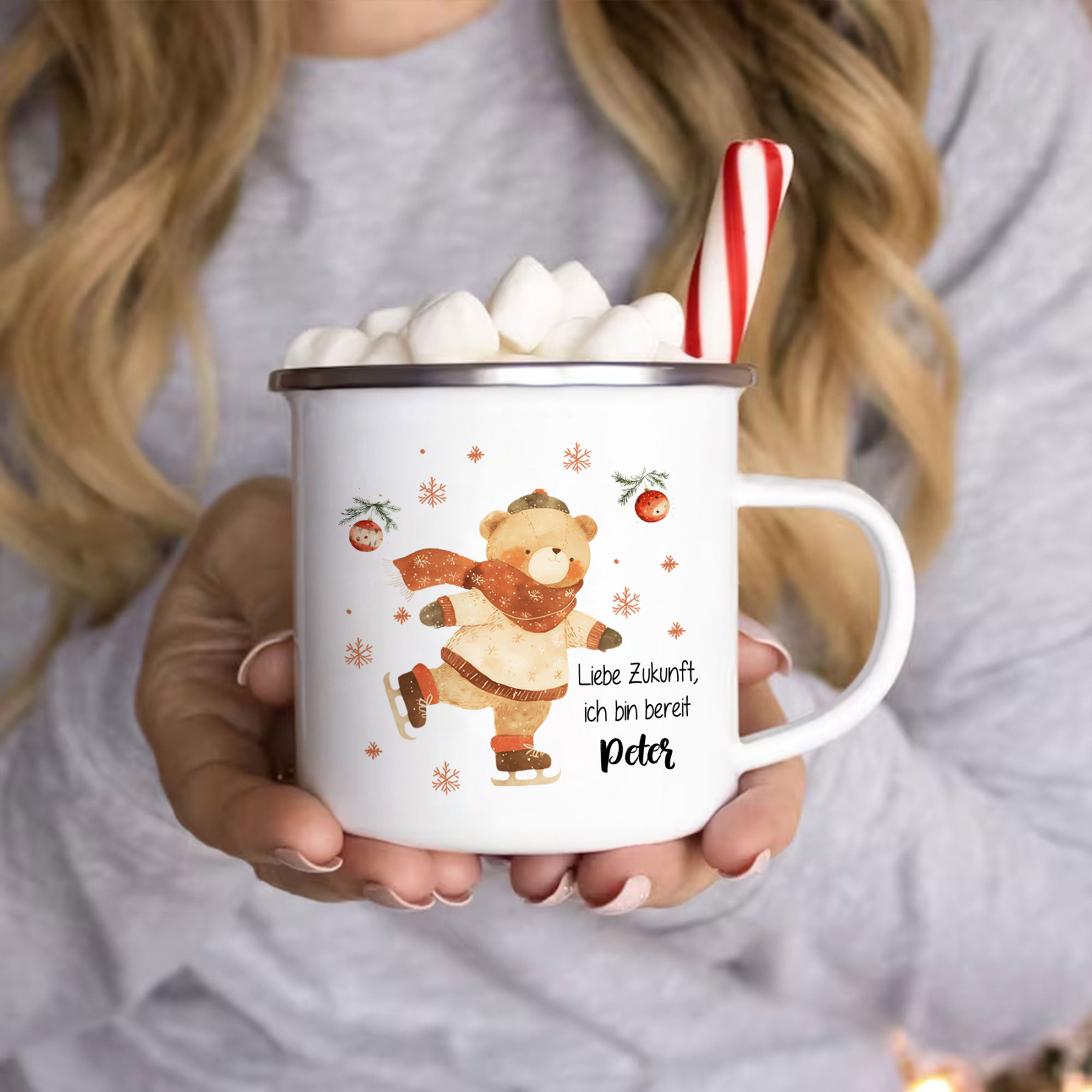 Personalisierter 1 Name Weihnachts-Emaille-Tasse mit Eislaufbär – Liebe Zukunft, ich bin bereit – Weihnachtsgeschenk für Kinder