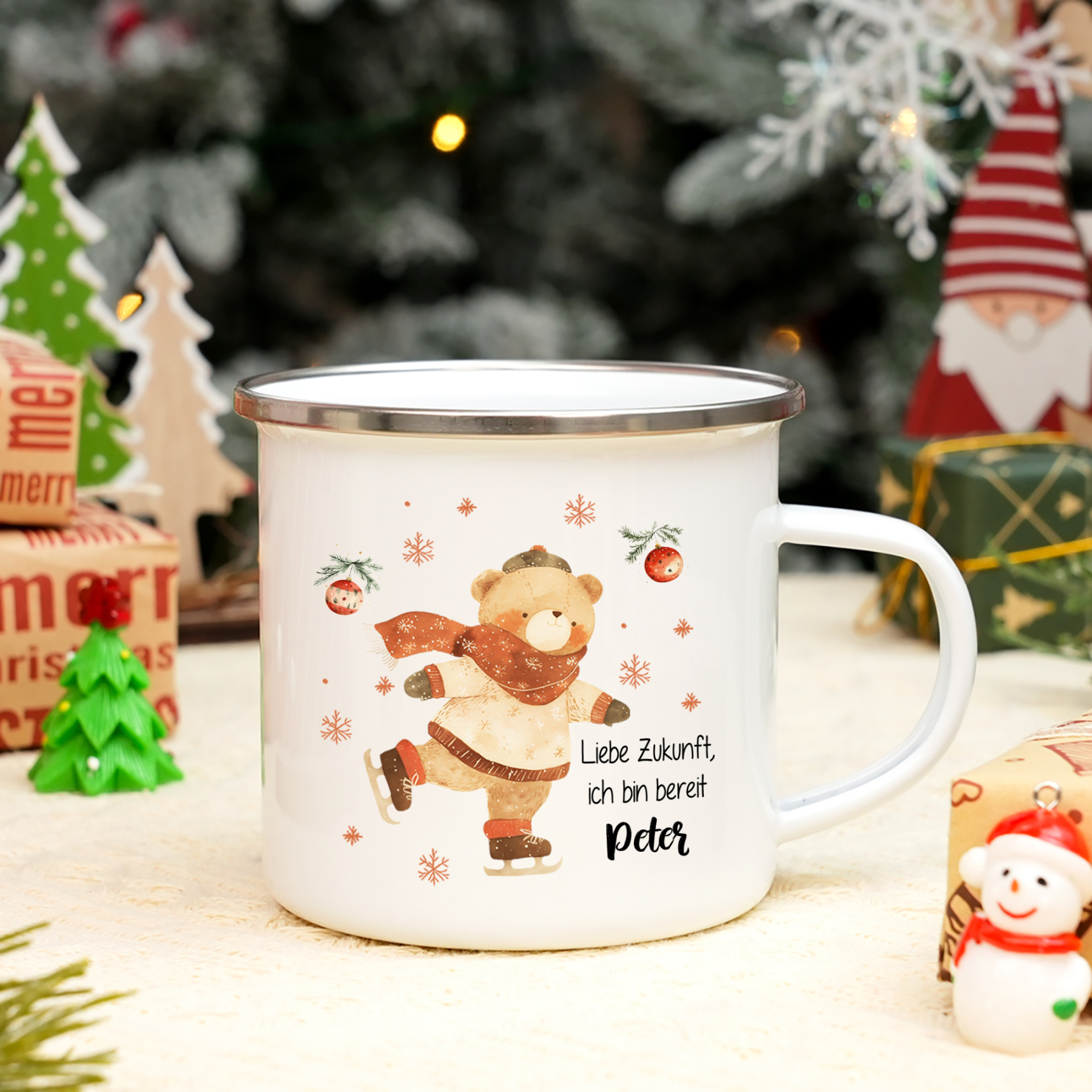Personalisierter 1 Name Weihnachts-Emaille-Tasse mit Eislaufbär – Liebe Zukunft, ich bin bereit – Weihnachtsgeschenk für Kinder