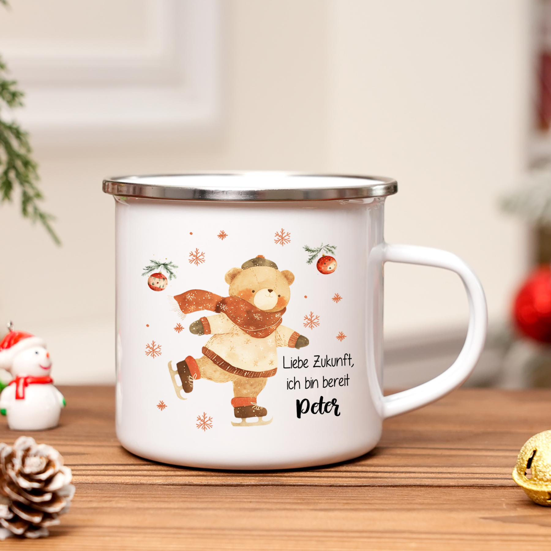 Personalisierter 1 Name Weihnachts-Emaille-Tasse mit Eislaufbär – Liebe Zukunft, ich bin bereit – Weihnachtsgeschenk für Kinder
