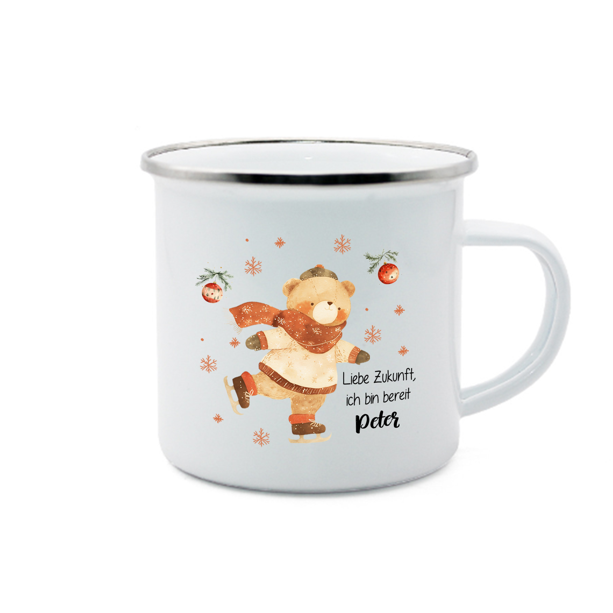 Personalisierter 1 Name Weihnachts-Emaille-Tasse mit Eislaufbär – Liebe Zukunft, ich bin bereit – Weihnachtsgeschenk für Kinder