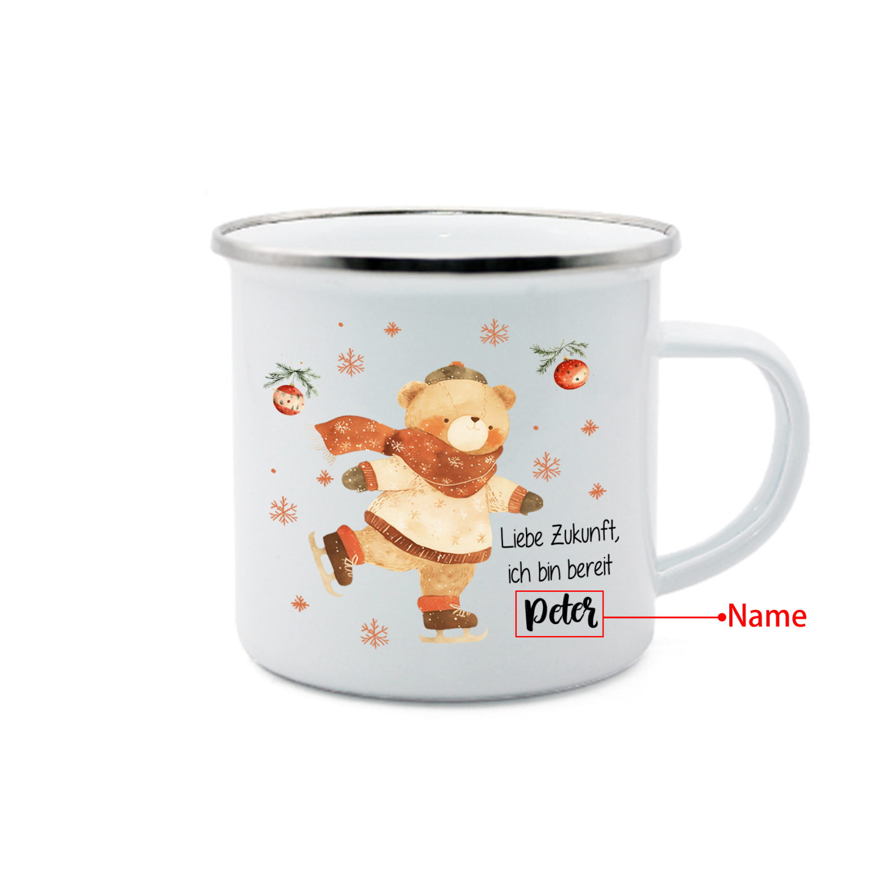 Personalisierter 1 Name Weihnachts-Emaille-Tasse mit Eislaufbär – Liebe Zukunft, ich bin bereit – Weihnachtsgeschenk für Kinder