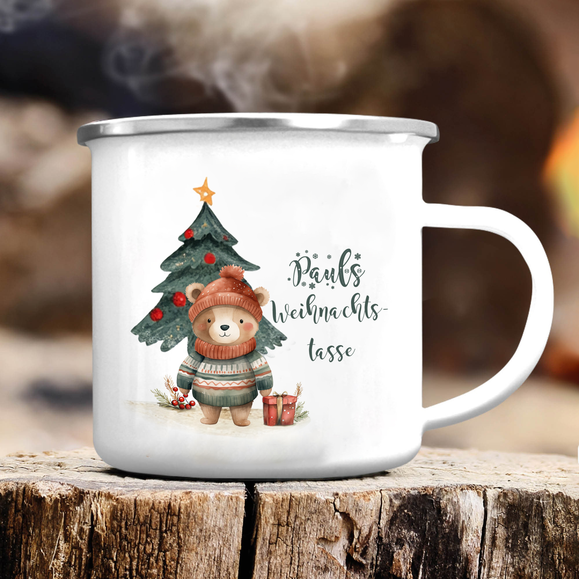 Personalisierte 2 Texte Emaille-Tasse mit süßem Hasen/ Bären – Perfektes Weihnachtsgeschenk für Kinder