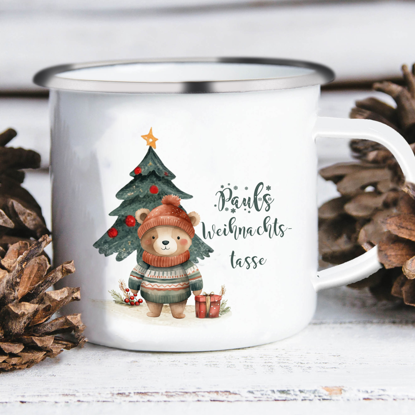 Personalisierte 2 Texte Emaille-Tasse mit süßem Hasen/ Bären – Perfektes Weihnachtsgeschenk für Kinder