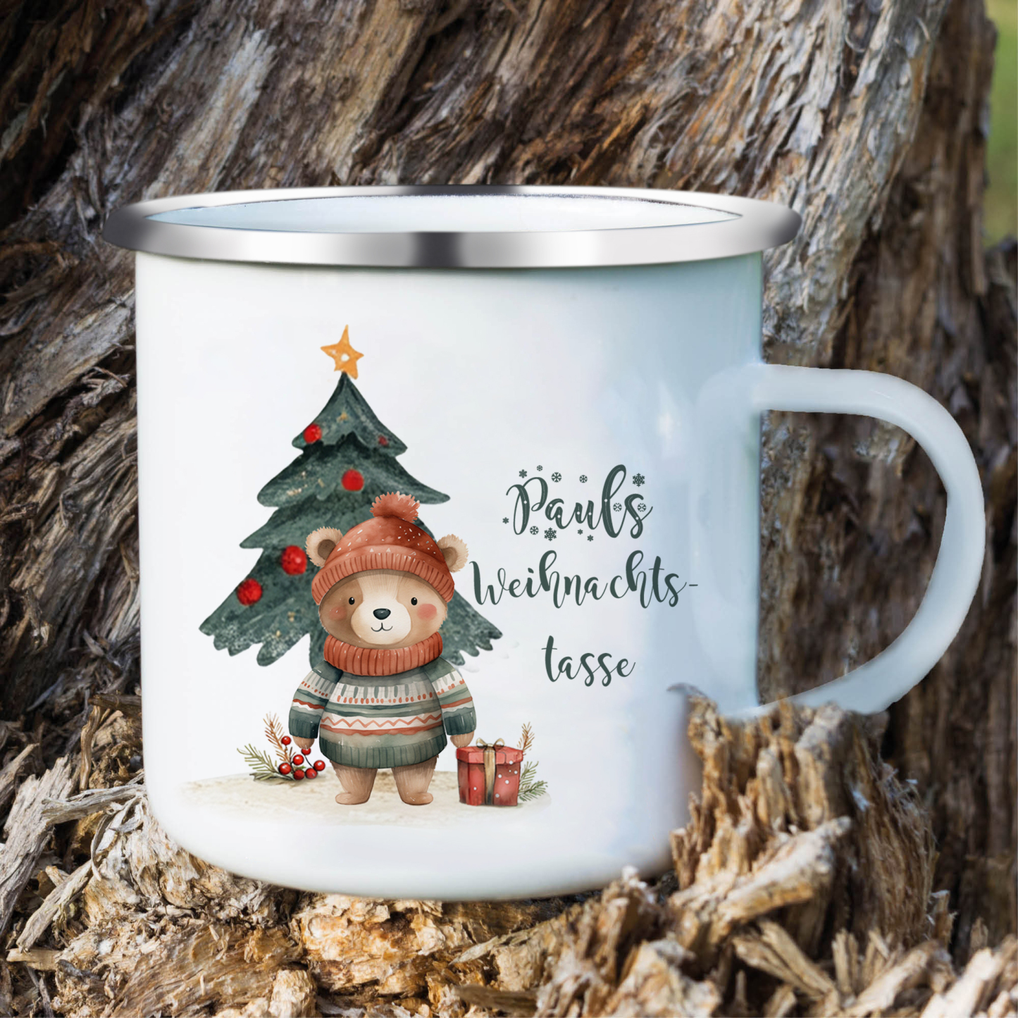 Personalisierte 2 Texte Emaille-Tasse mit süßem Hasen/ Bären – Perfektes Weihnachtsgeschenk für Kinder