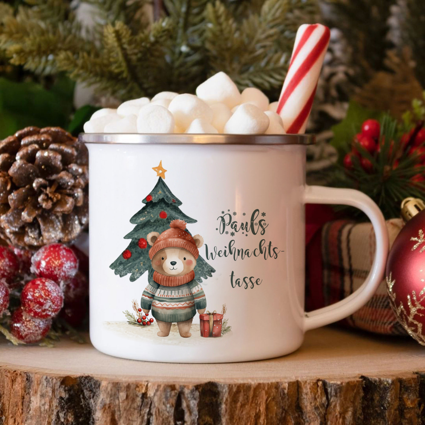 Personalisierte 2 Texte Emaille-Tasse mit süßem Hasen/ Bären – Perfektes Weihnachtsgeschenk für Kinder