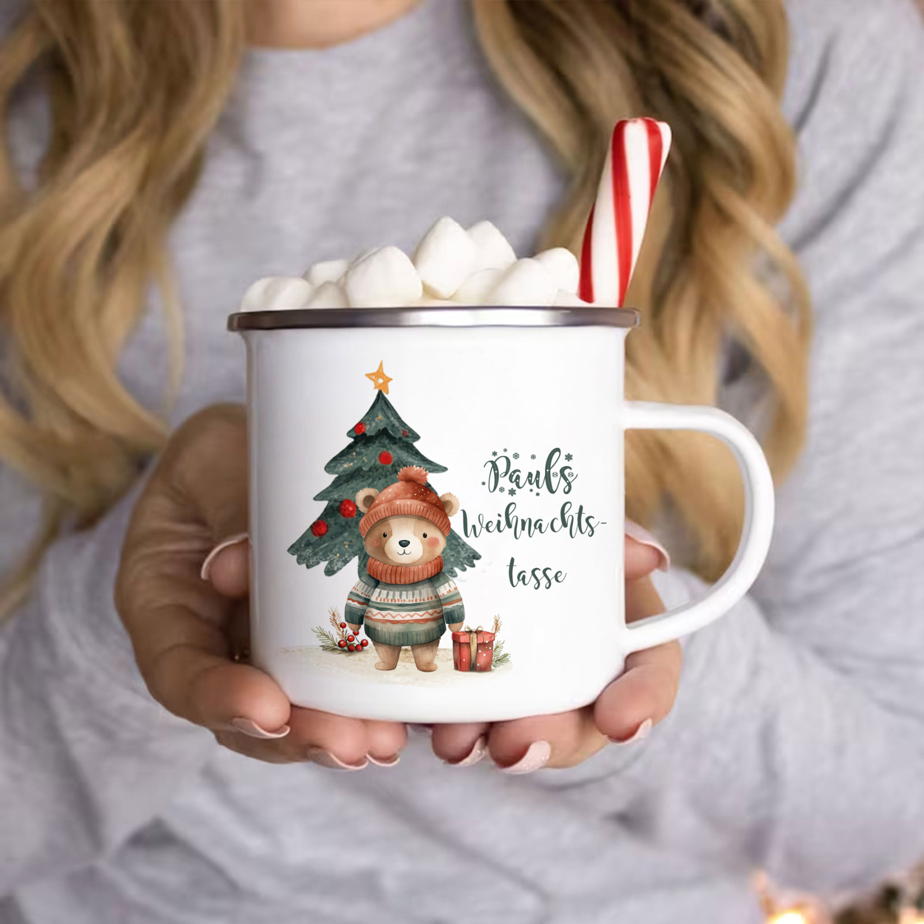 Personalisierte 2 Texte Emaille-Tasse mit süßem Hasen/ Bären – Perfektes Weihnachtsgeschenk für Kinder