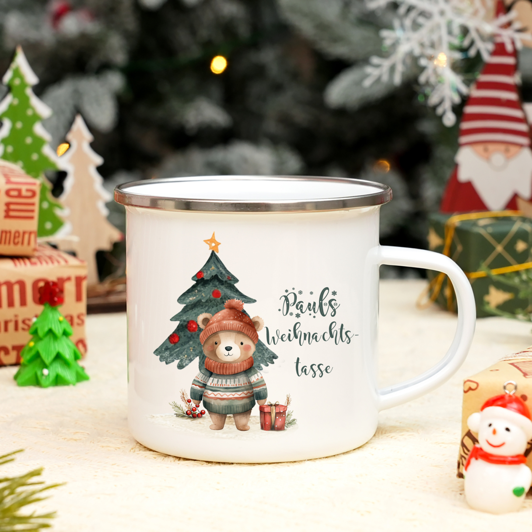 Personalisierte 2 Texte Emaille-Tasse mit süßem Hasen/ Bären – Perfektes Weihnachtsgeschenk für Kinder