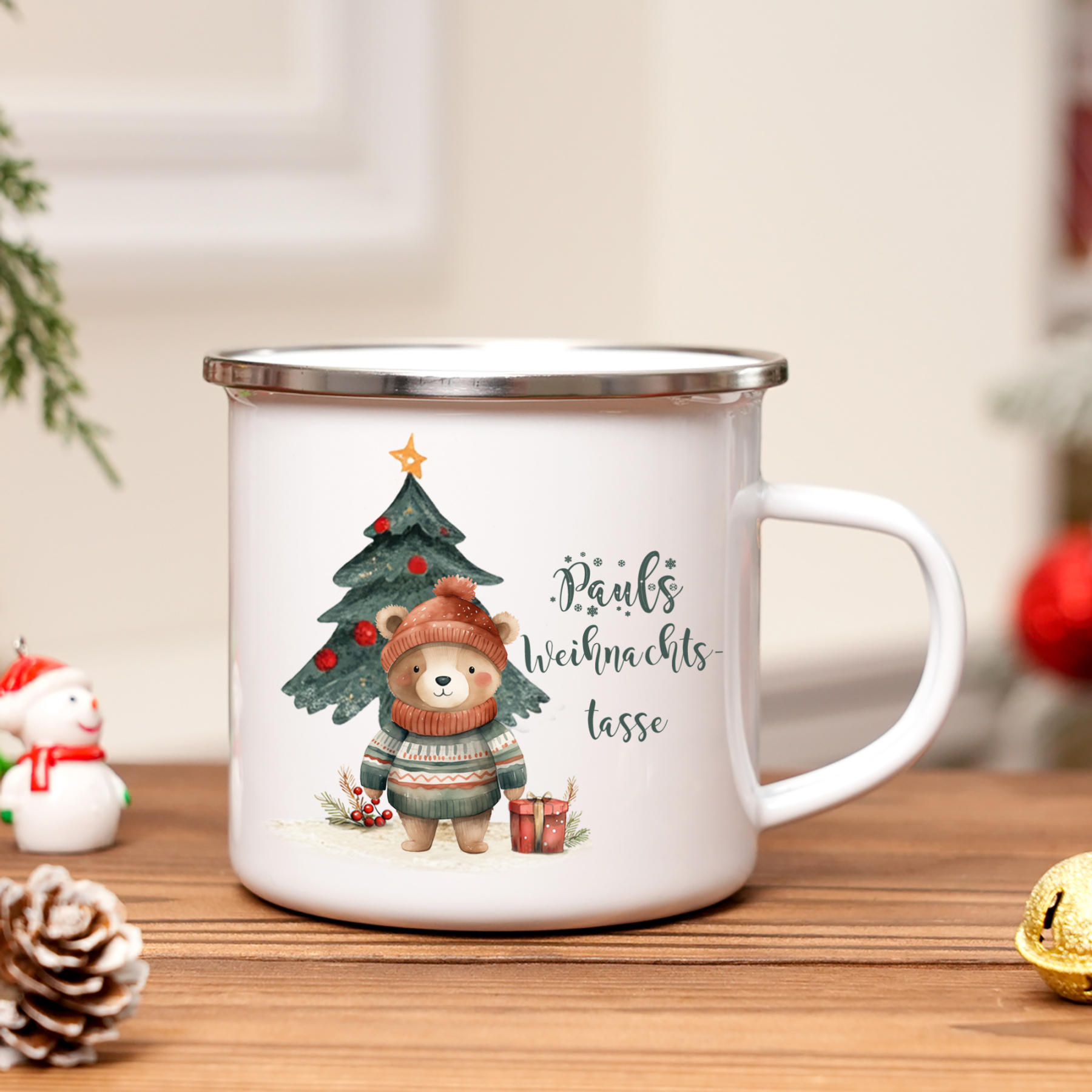 Personalisierte 2 Texte Emaille-Tasse mit süßem Hasen/ Bären – Perfektes Weihnachtsgeschenk für Kinder