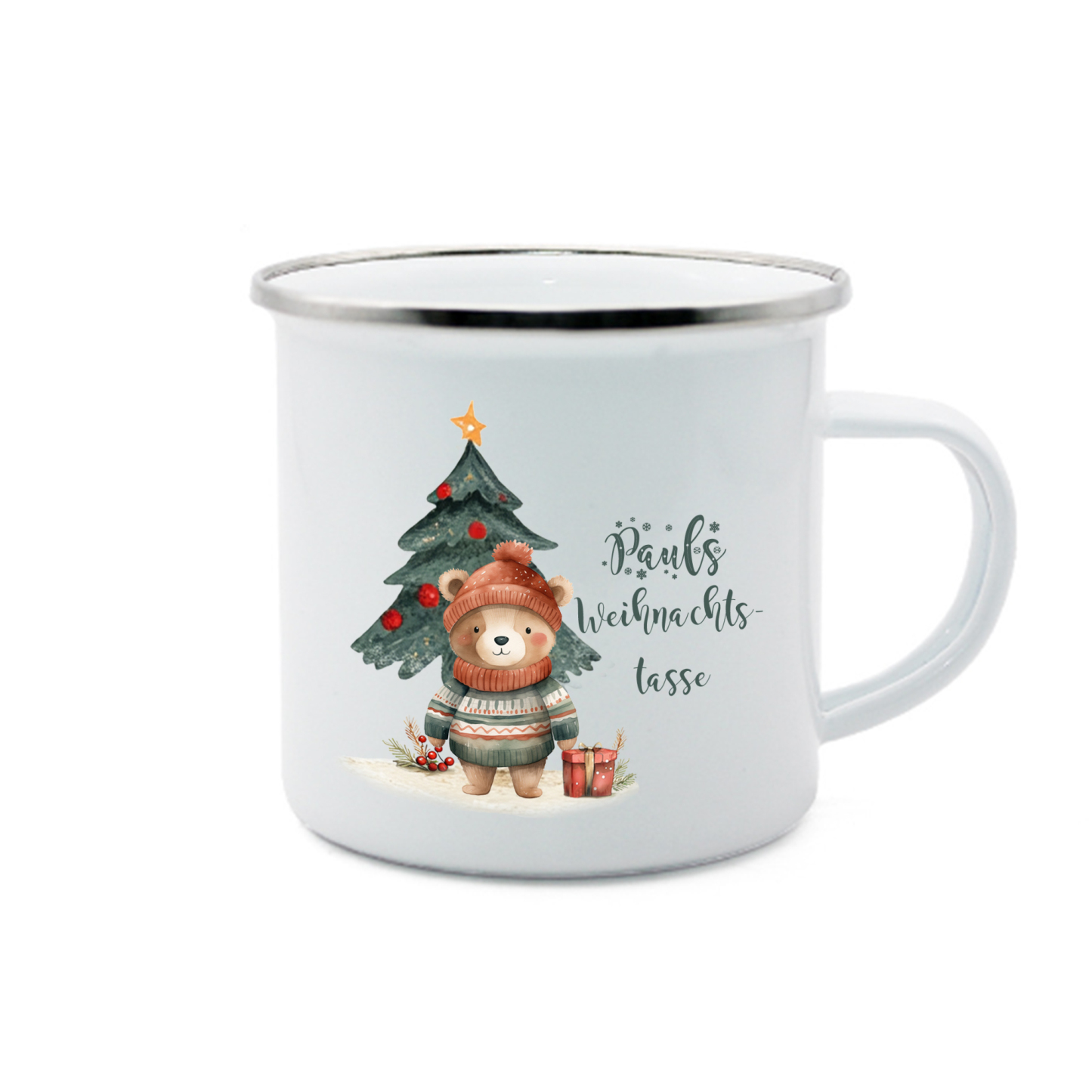 Personalisierte 2 Texte Emaille-Tasse mit süßem Hasen/ Bären – Perfektes Weihnachtsgeschenk für Kinder