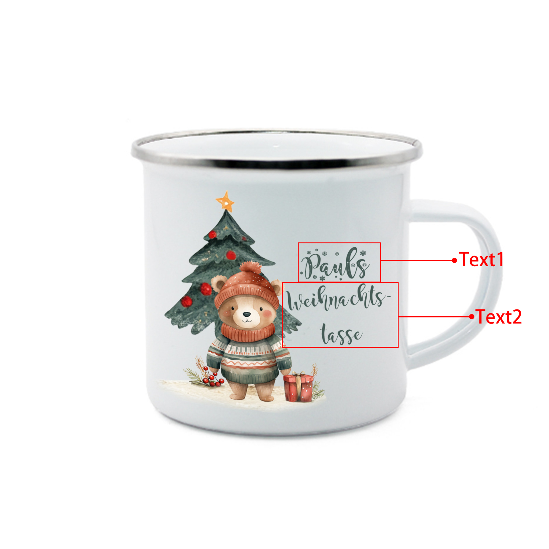 Personalisierte 2 Texte Emaille-Tasse mit süßem Hasen/ Bären – Perfektes Weihnachtsgeschenk für Kinder