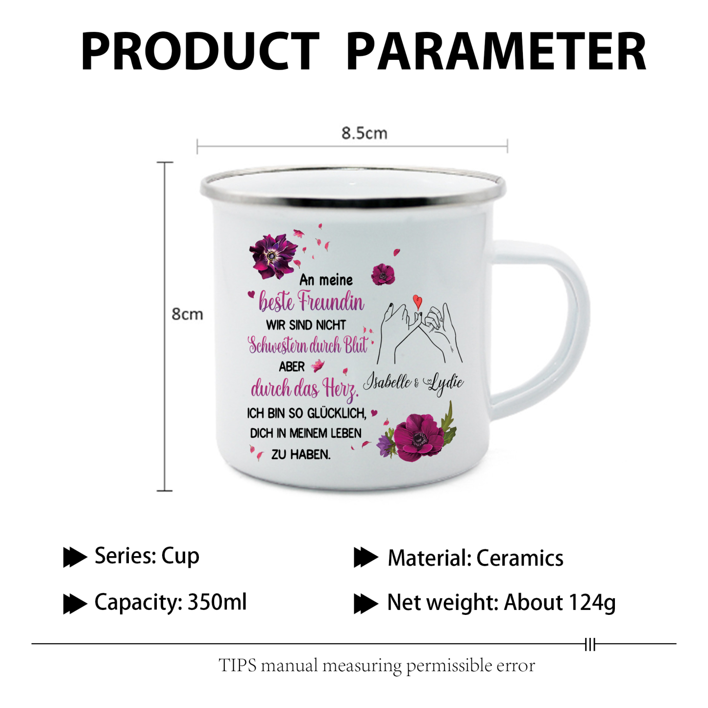 Emaille Tasse-Personalisierte 2 Namen-Ich bin so glücklich, dich in meinem Leben zu haben-Emaille-Becher für Schwester