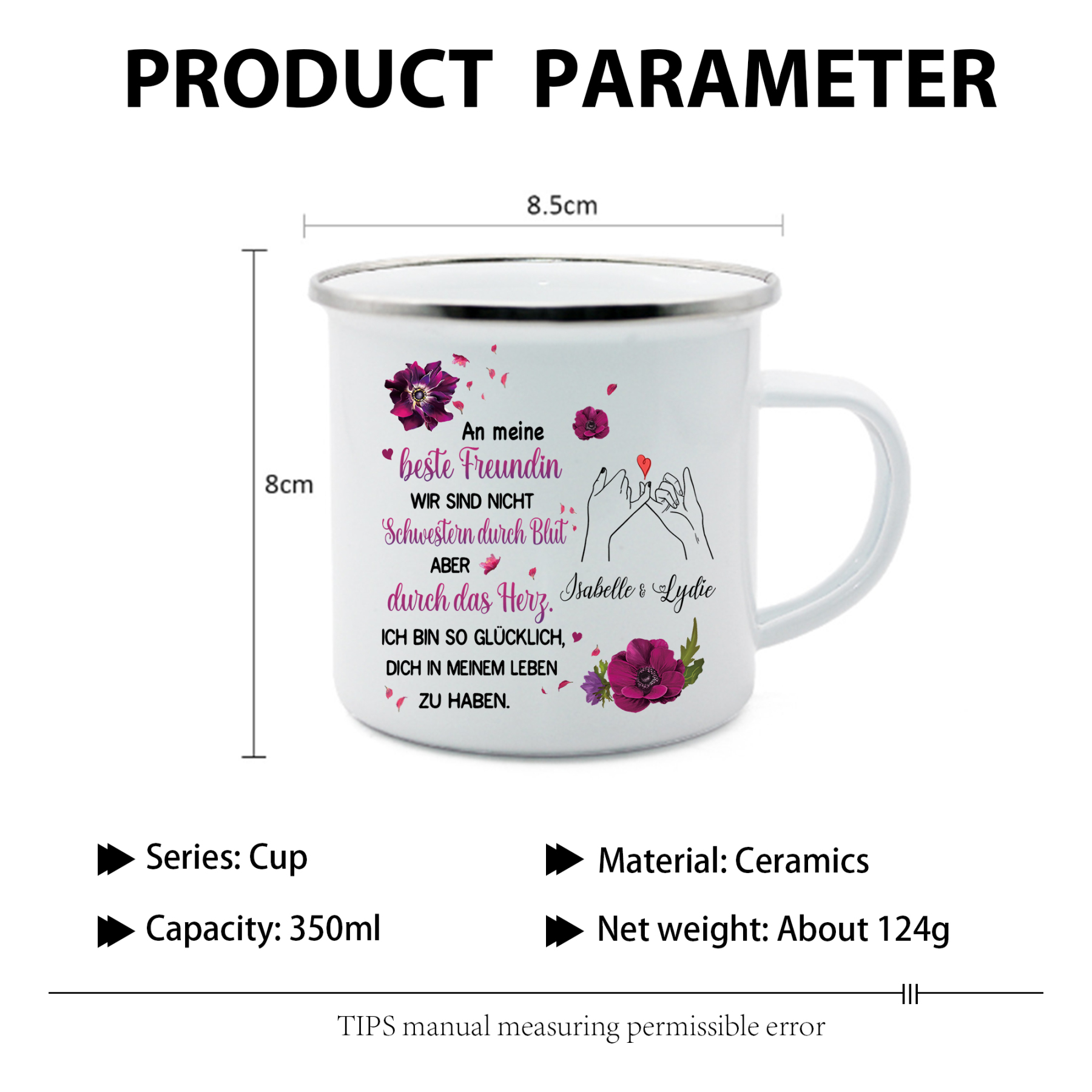 Emaille Tasse-Personalisierte 2 Namen-Ich bin so glücklich, dich in meinem Leben zu haben-Emaille-Becher für Schwester