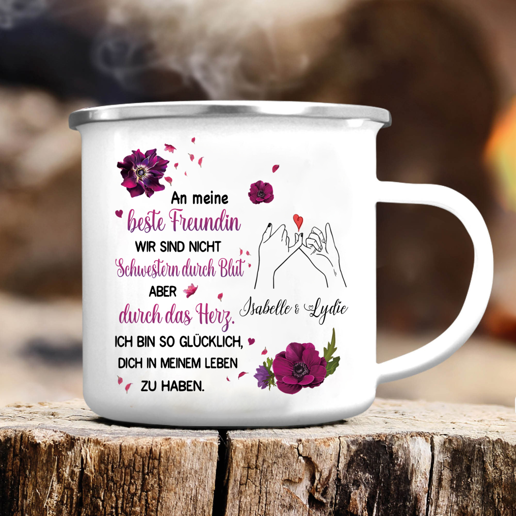Emaille Tasse-Personalisierte 2 Namen-Ich bin so glücklich, dich in meinem Leben zu haben-Emaille-Becher für Schwester