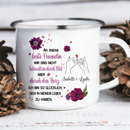 Emaille Tasse-Personalisierte 2 Namen-Ich bin so glücklich, dich in meinem Leben zu haben-Emaille-Becher für Schwester