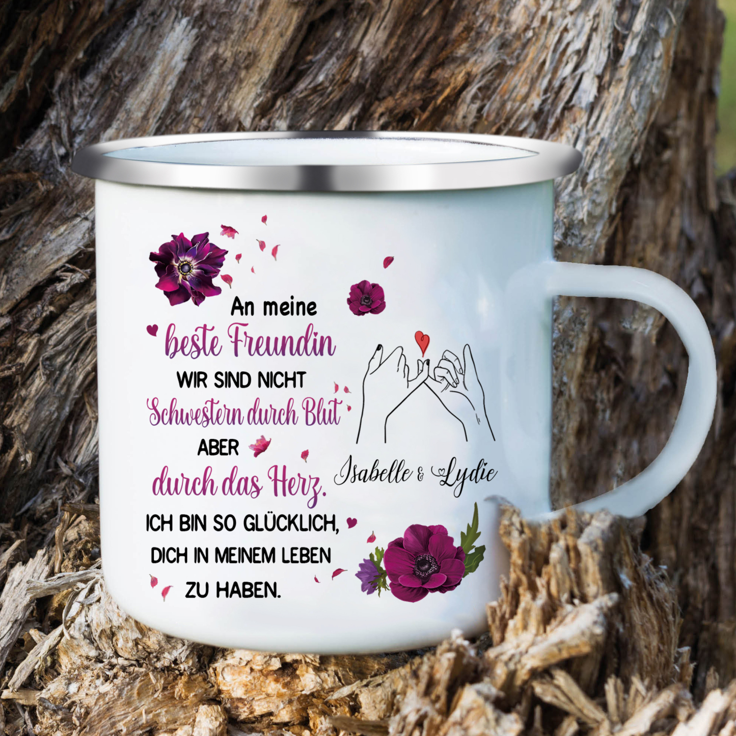 Emaille Tasse-Personalisierte 2 Namen-Ich bin so glücklich, dich in meinem Leben zu haben-Emaille-Becher für Schwester