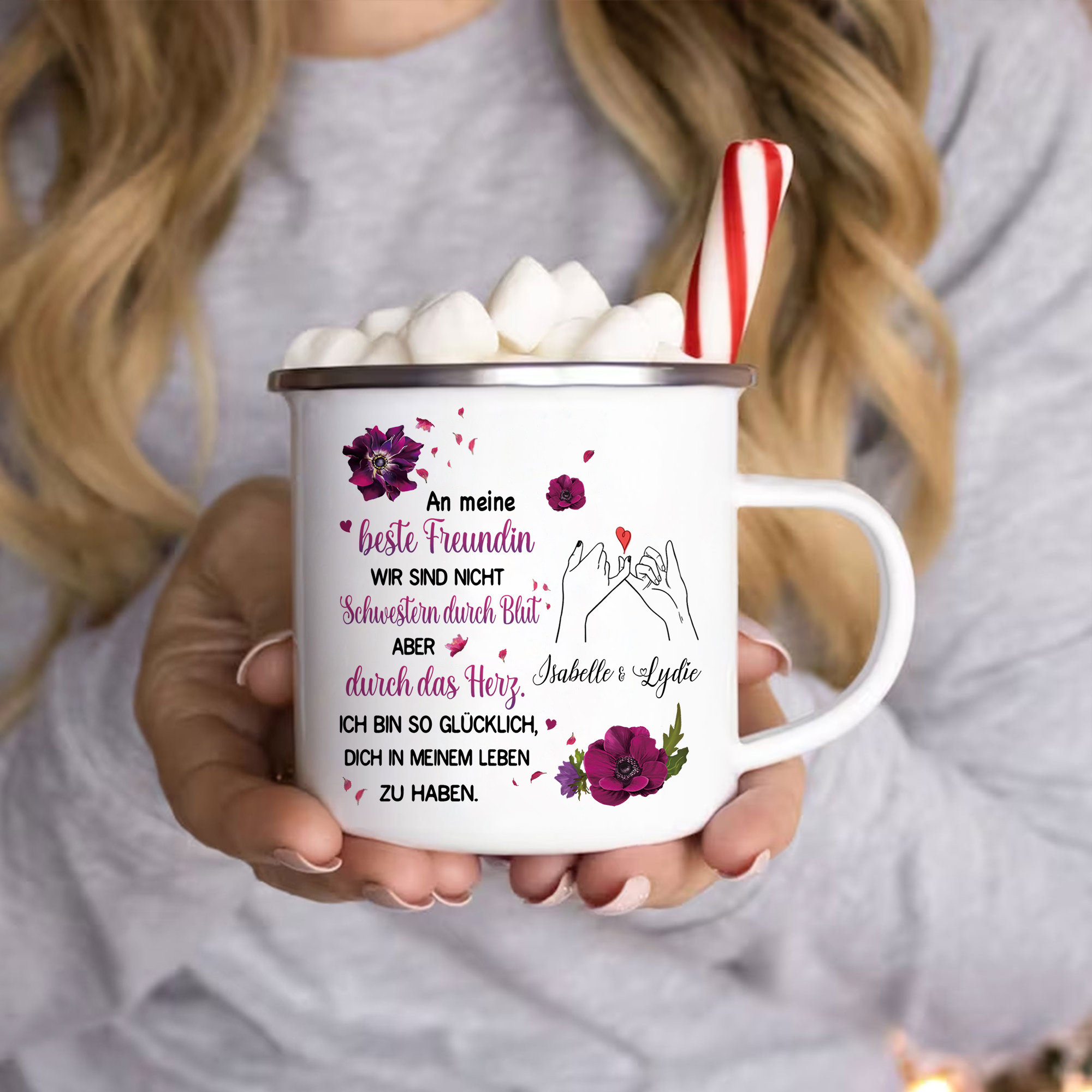 Emaille Tasse-Personalisierte 2 Namen-Ich bin so glücklich, dich in meinem Leben zu haben-Emaille-Becher für Schwester