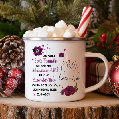 Emaille Tasse-Personalisierte 2 Namen-Ich bin so glücklich, dich in meinem Leben zu haben-Emaille-Becher für Schwester