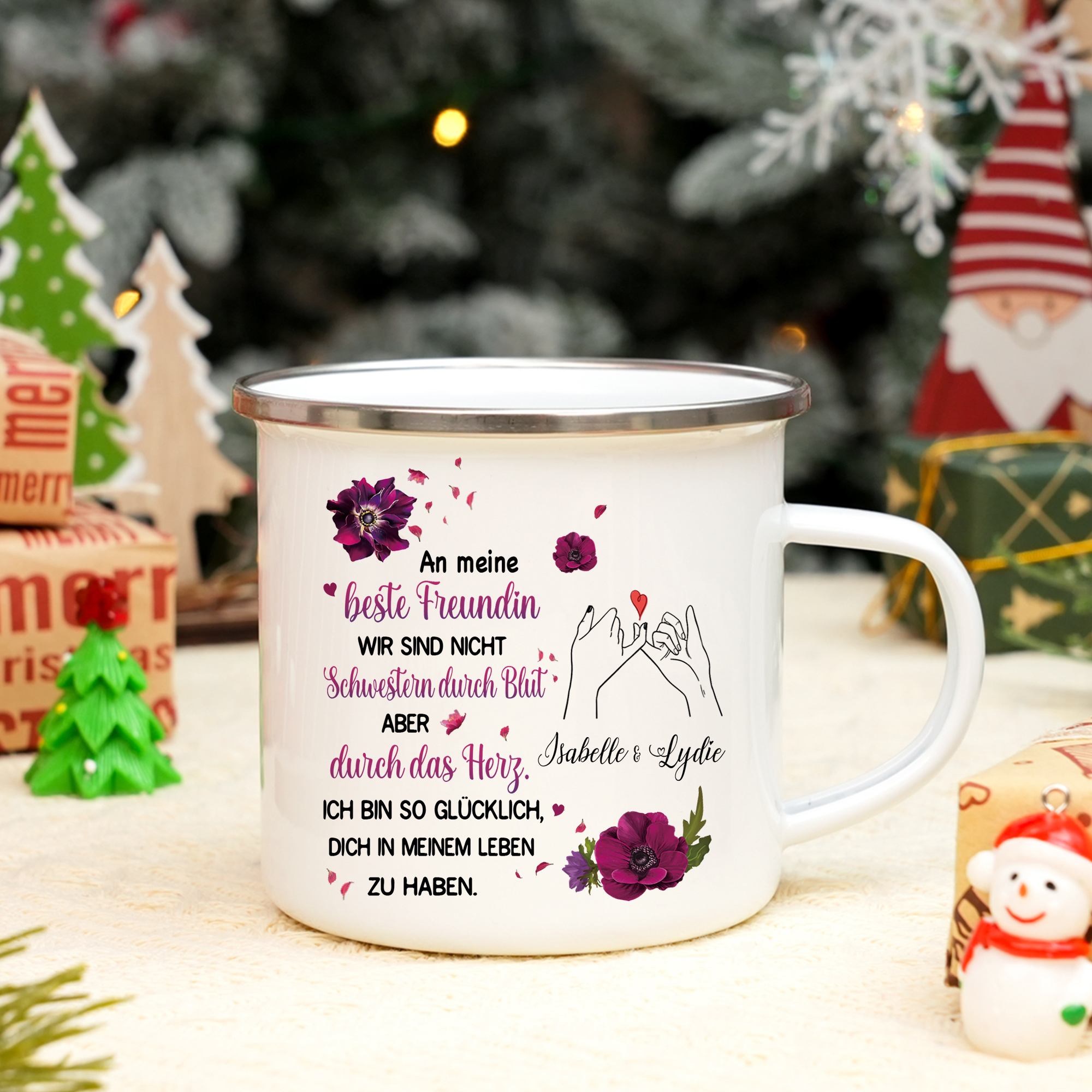 Emaille Tasse-Personalisierte 2 Namen-Ich bin so glücklich, dich in meinem Leben zu haben-Emaille-Becher für Schwester