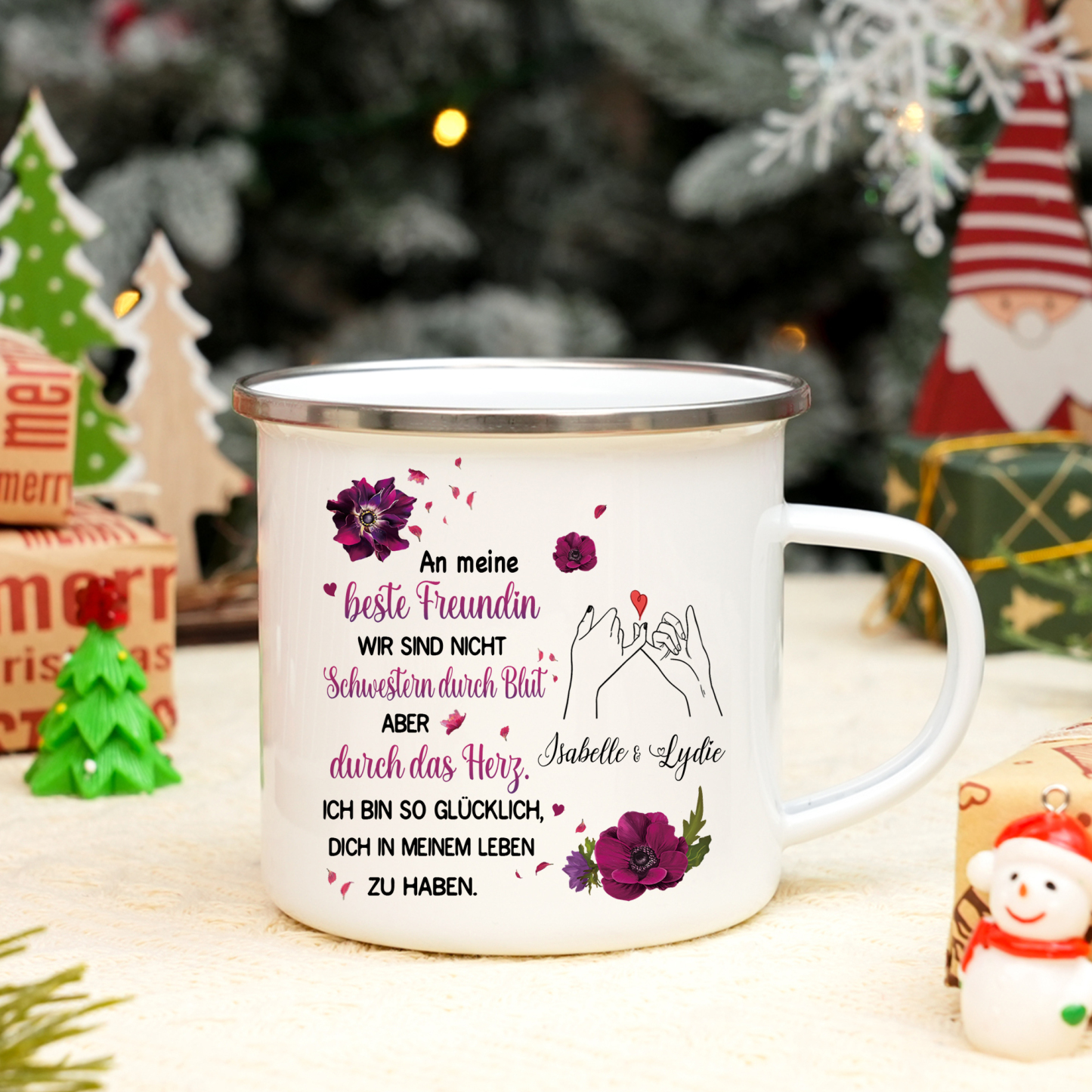 Emaille Tasse-Personalisierte 2 Namen-Ich bin so glücklich, dich in meinem Leben zu haben-Emaille-Becher für Schwester