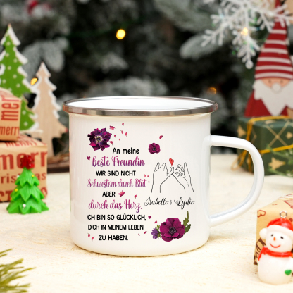 Emaille Tasse-Personalisierte 2 Namen-Ich bin so glücklich, dich in meinem Leben zu haben-Emaille-Becher für Schwester