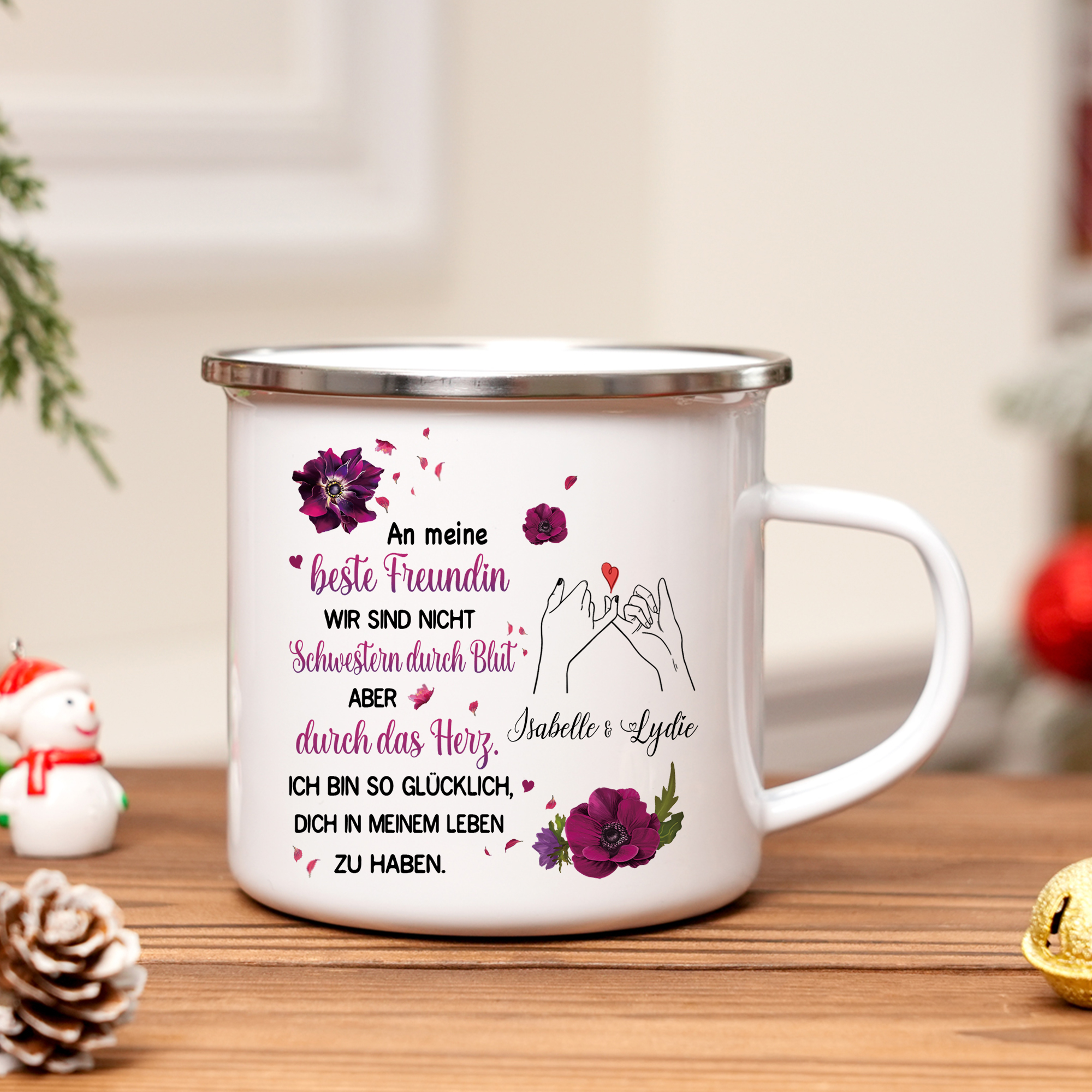 Emaille Tasse-Personalisierte 2 Namen-Ich bin so glücklich, dich in meinem Leben zu haben-Emaille-Becher für Schwester