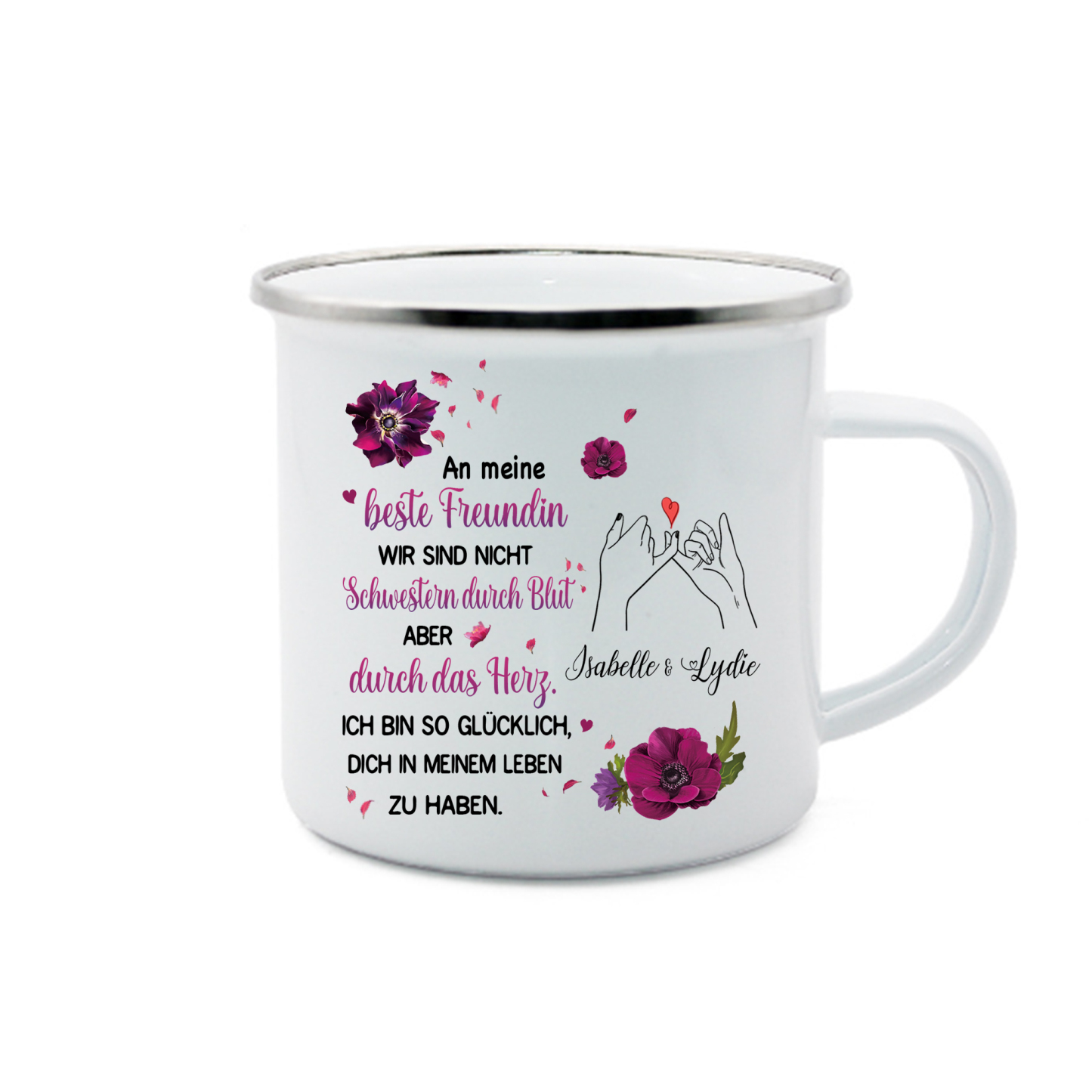 Emaille Tasse-Personalisierte 2 Namen-Ich bin so glücklich, dich in meinem Leben zu haben-Emaille-Becher für Schwester