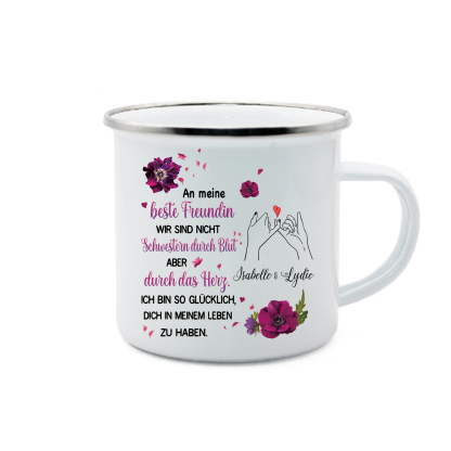 Emaille Tasse-Personalisierte 2 Namen-Ich bin so glücklich, dich in meinem Leben zu haben-Emaille-Becher für Schwester