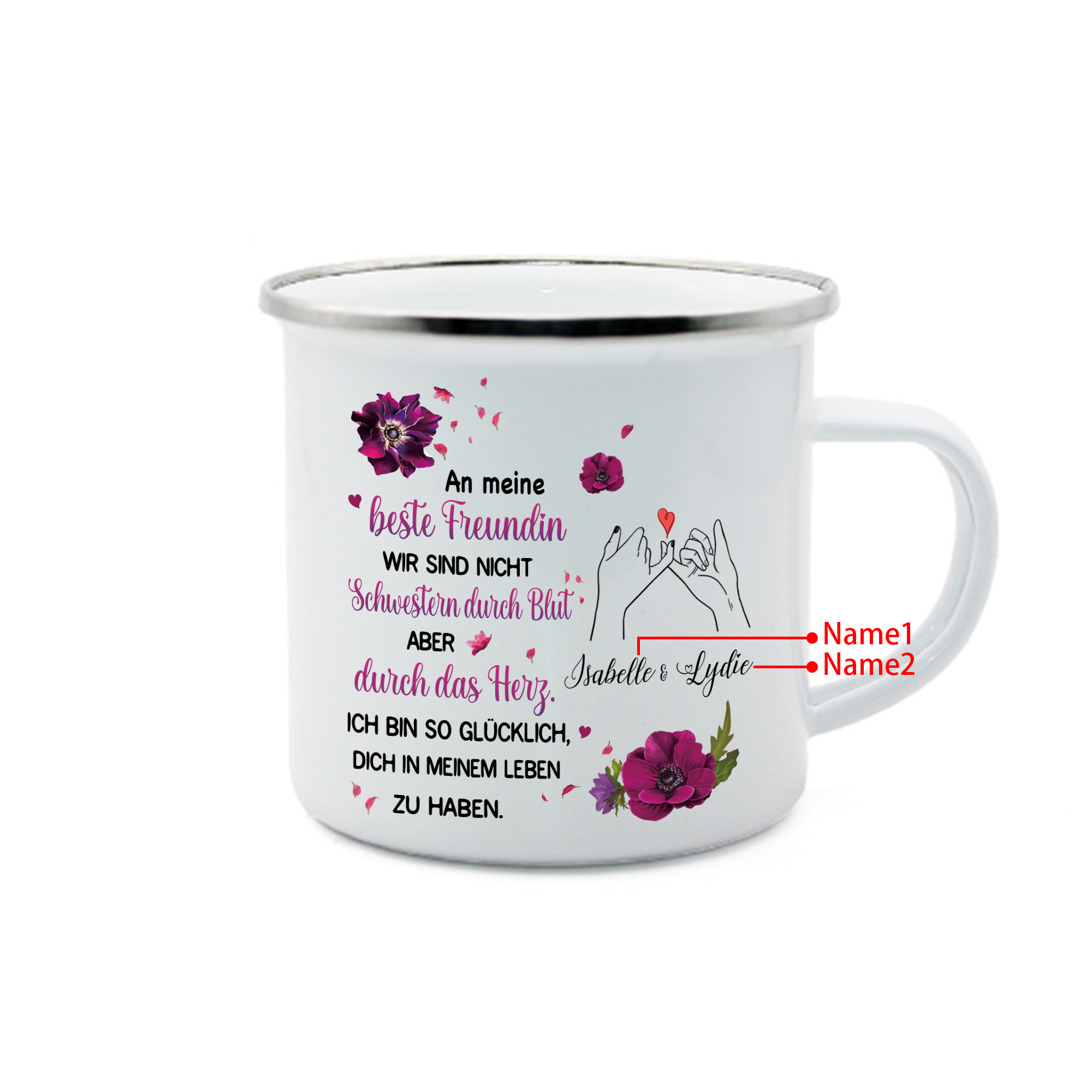 Emaille Tasse-Personalisierte 2 Namen-Ich bin so glücklich, dich in meinem Leben zu haben-Emaille-Becher für Schwester