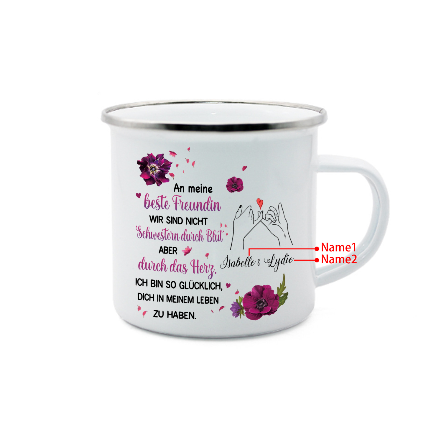 Emaille Tasse-Personalisierte 2 Namen-Ich bin so glücklich, dich in meinem Leben zu haben-Emaille-Becher für Schwester
