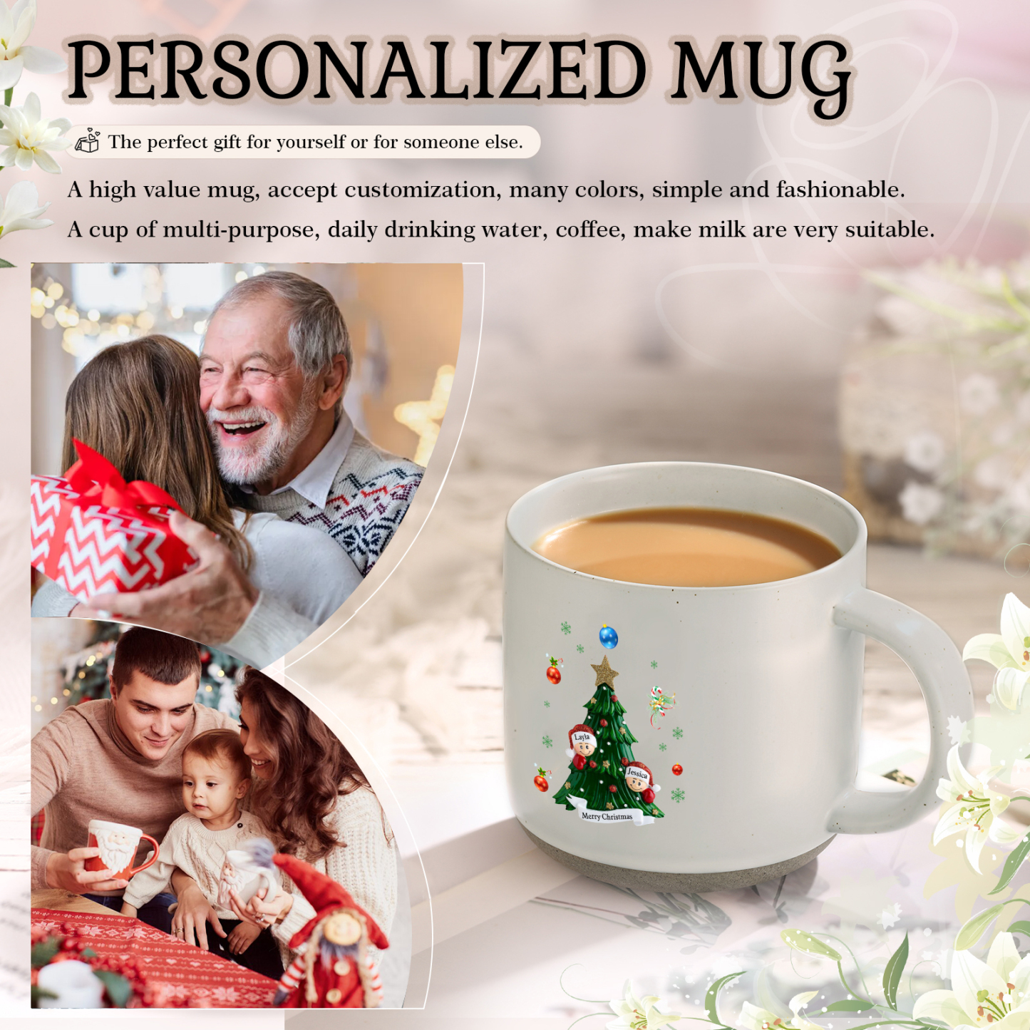 Personalisierbare 2- 6 Namen & Text Keramik Familie am Weihnachtsbaum Weihnachts-Mark-Tasse für Familie