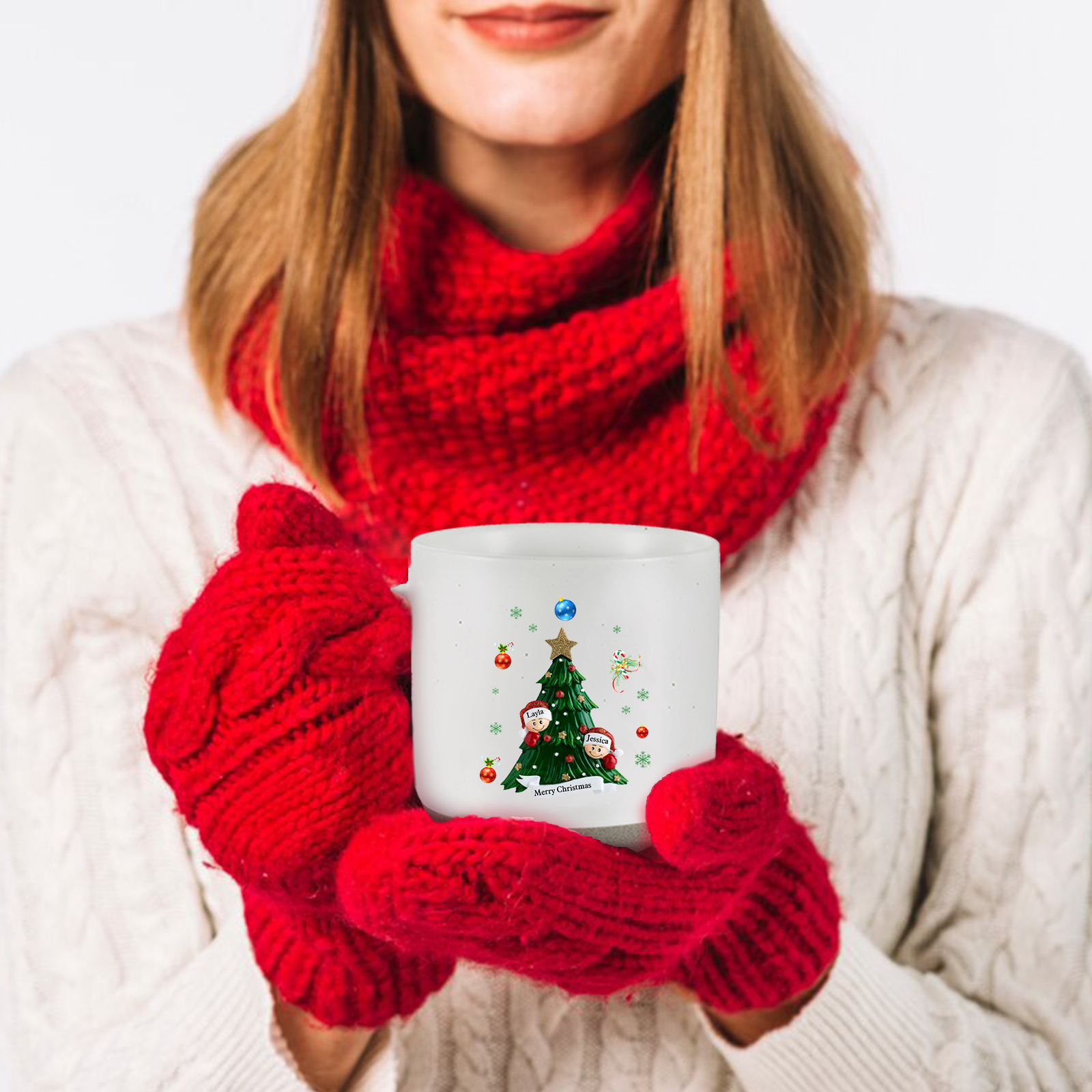 Personalisierbare 2- 6 Namen & Text Keramik Familie am Weihnachtsbaum Weihnachts-Mark-Tasse für Familie
