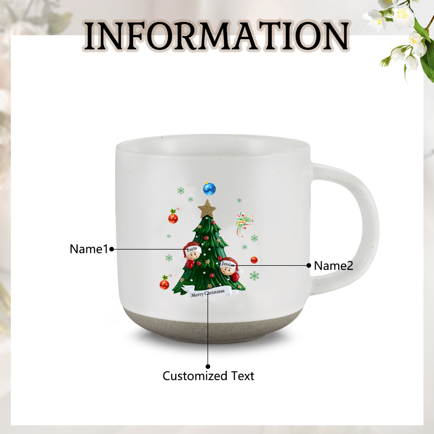 Personalisierbare 2- 6 Namen & Text Keramik Familie am Weihnachtsbaum Weihnachts-Mark-Tasse für Familie
